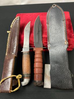 Pair of Fixed Blade Knives, Leather on Belt Sheaths, Kabar style, and Remington style West Cut