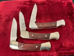 Trio of Vintage Buck Knives 503 Prince Folding Pocket Knife, Nickel Silver & Wooden Handle