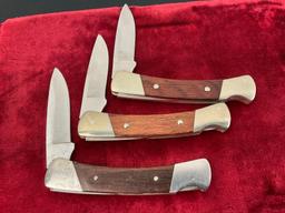 Trio of Vintage Buck Knives 503 Prince Folding Pocket Knife, Nickel Silver & Wooden Handle