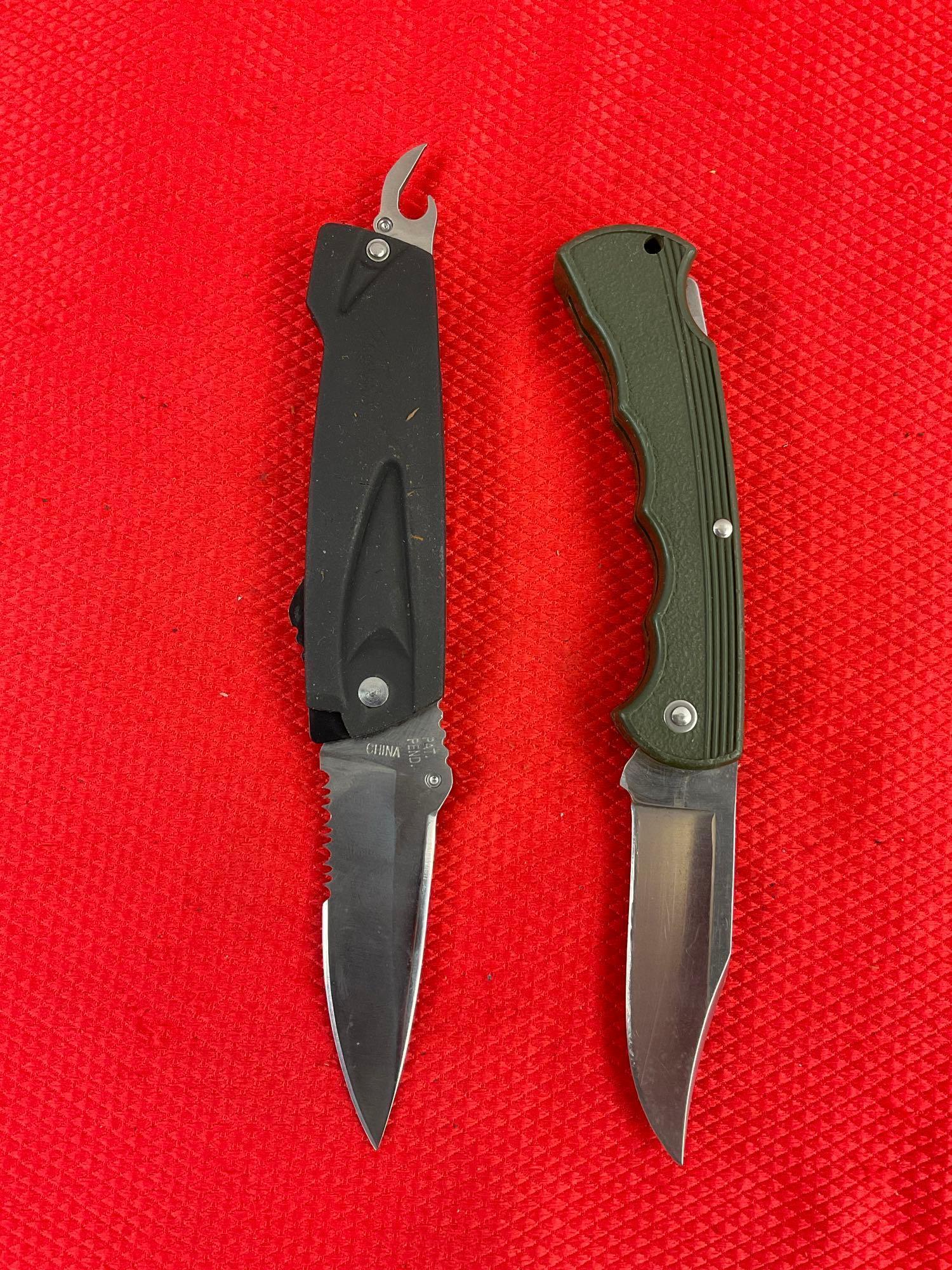 2 pcs Buck Steel Folding Knives w/ Sheathes, Models 422V Bucklite & 731<- w/ Can Opener. See pics.