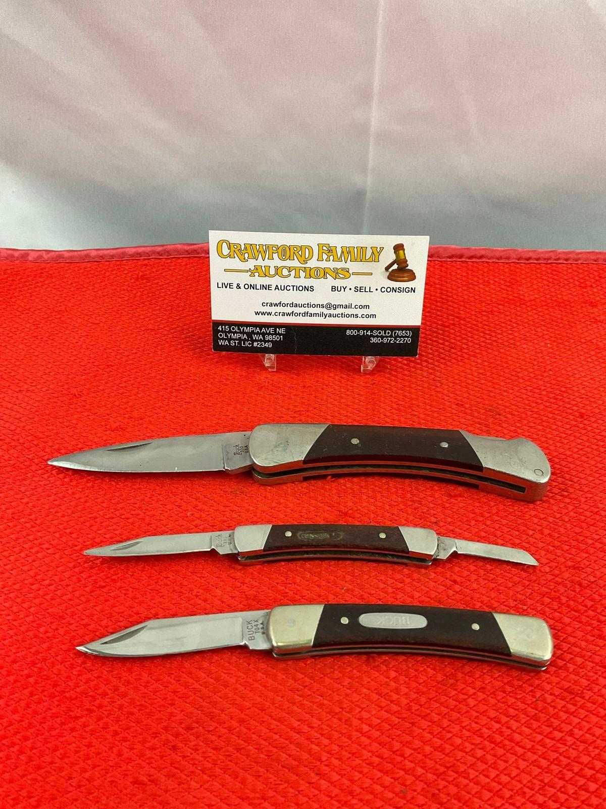 3 pcs Vintage Buck Steel Folding Blade Pocket Knives, Models 500, 704X & 705. See pics.