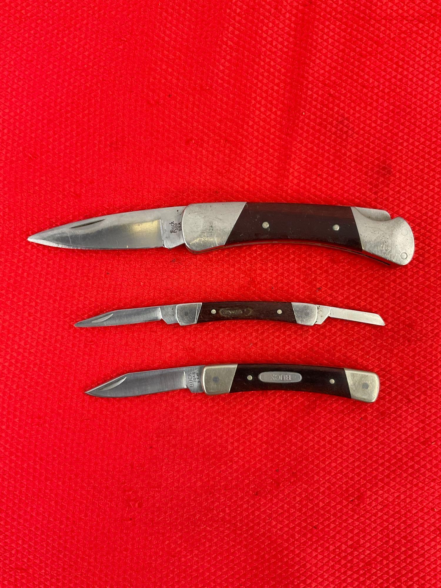 3 pcs Vintage Buck Steel Folding Blade Pocket Knives, Models 500, 704X & 705. See pics.
