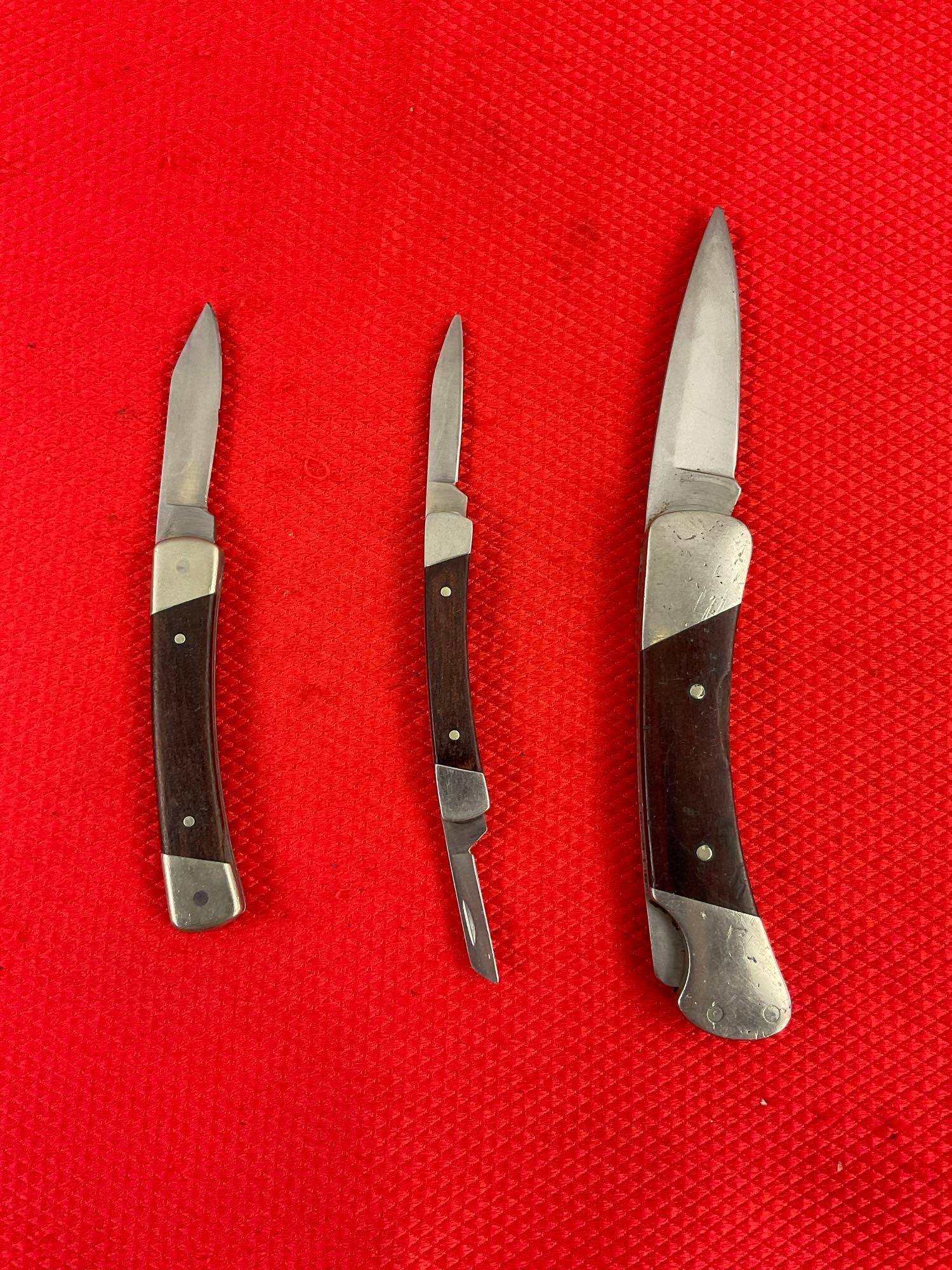 3 pcs Vintage Buck Steel Folding Blade Pocket Knives, Models 500, 704X & 705. See pics.