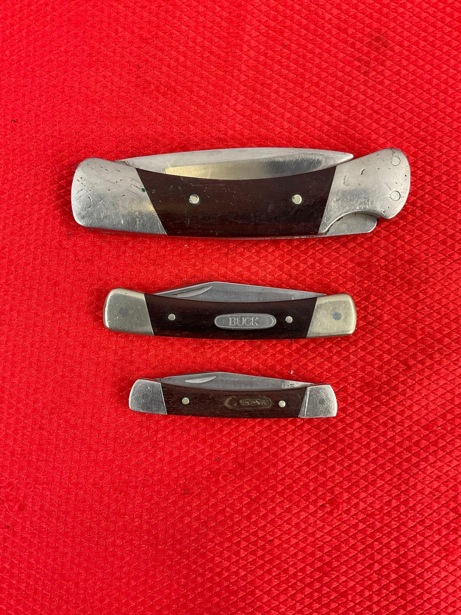 3 pcs Vintage Buck Steel Folding Blade Pocket Knives, Models 500, 704X & 705. See pics.