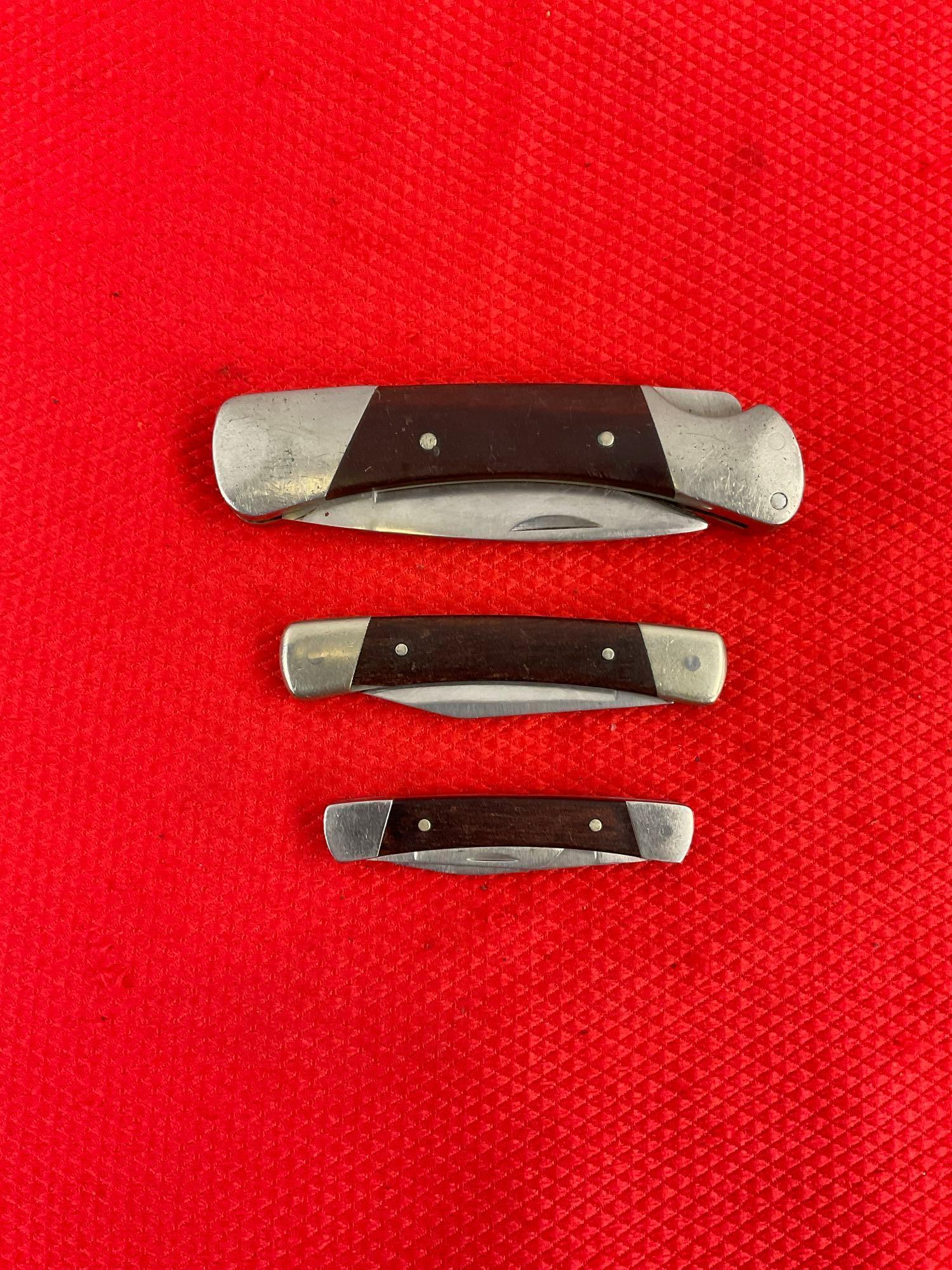 3 pcs Vintage Buck Steel Folding Blade Pocket Knives, Models 500, 704X & 705. See pics.