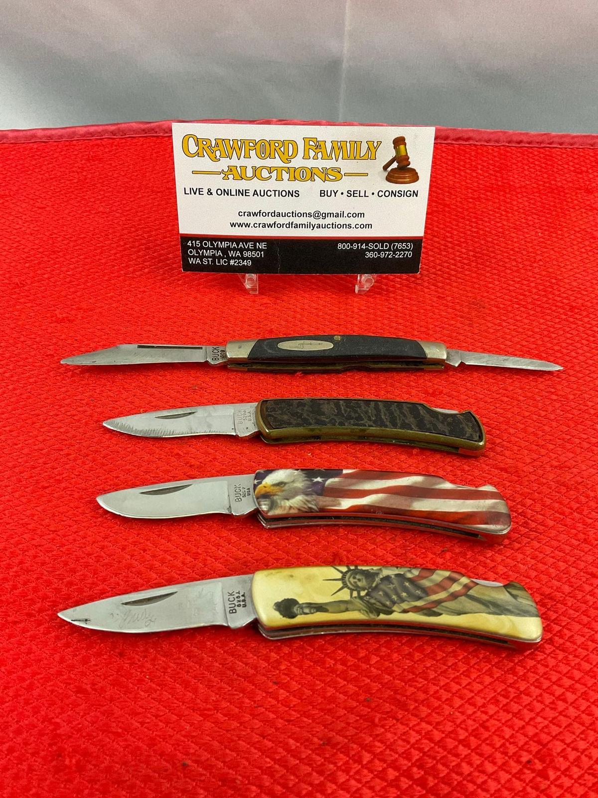 4 pcs Vintage Buck Steel Folding Pocket Knives Models 525, 529 & 309. 1 Ltd Ed Signed. See pics.