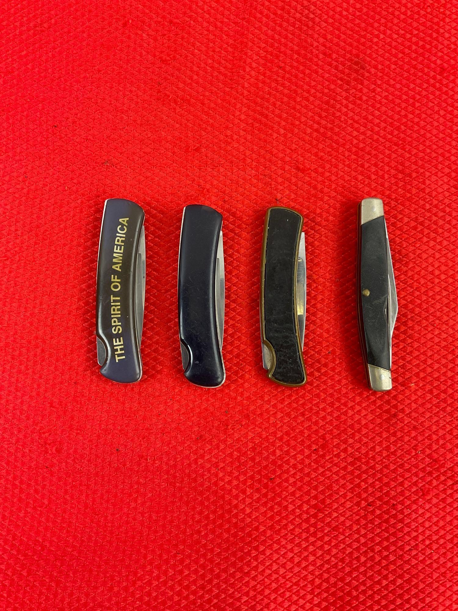 4 pcs Vintage Buck Steel Folding Pocket Knives Models 525, 529 & 309. 1 Ltd Ed Signed. See pics.