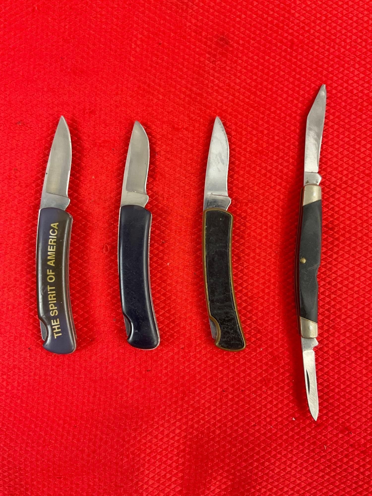 4 pcs Vintage Buck Steel Folding Pocket Knives Models 525, 529 & 309. 1 Ltd Ed Signed. See pics.