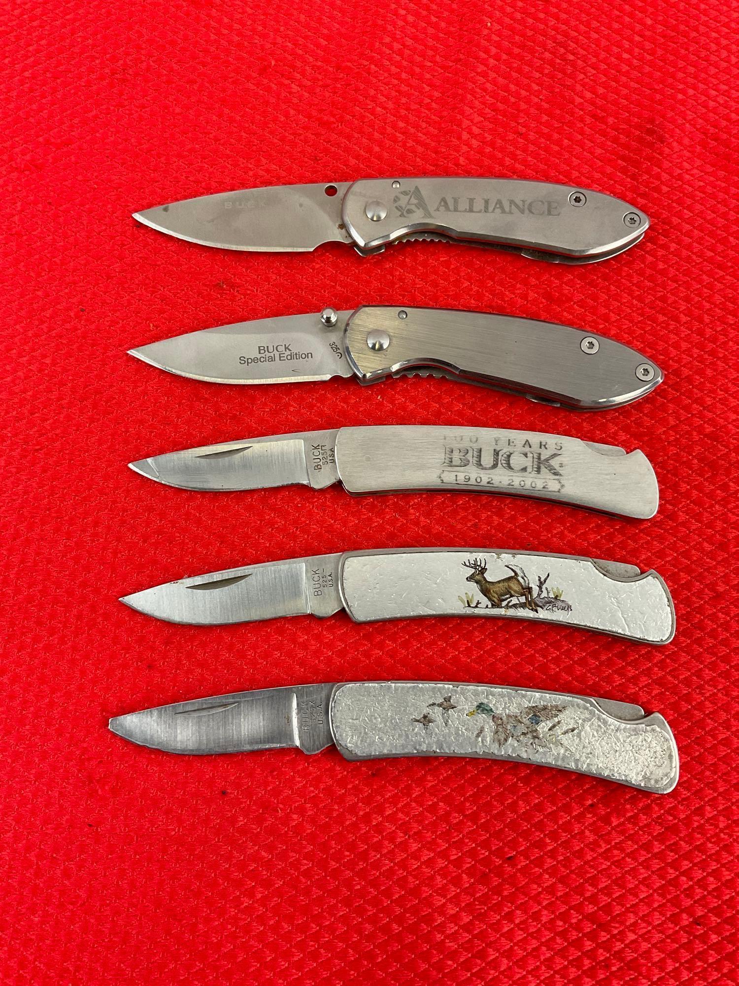 5 pcs Buck 2" Steel Folding Blade Collectible Pocket Knives Models 525 & 325. 100 Years. See pics.