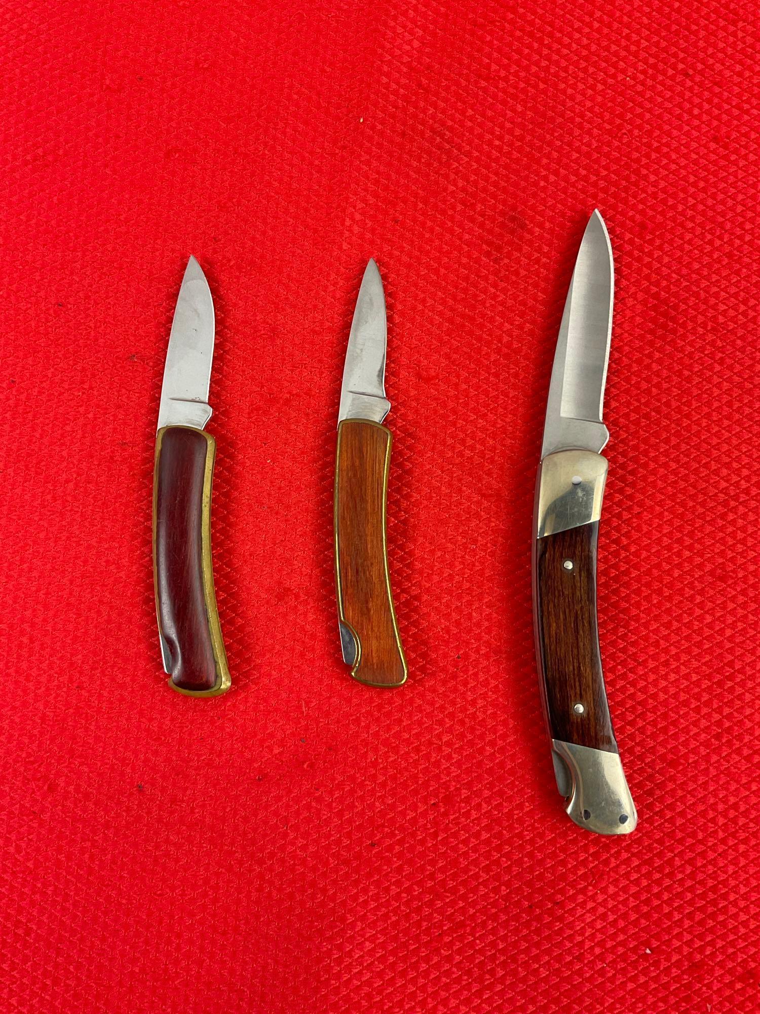 3 pcs Buck Steel Folding Blade Collectible Pocket Knives Models 527 The Treasury & 501 Squire. See
