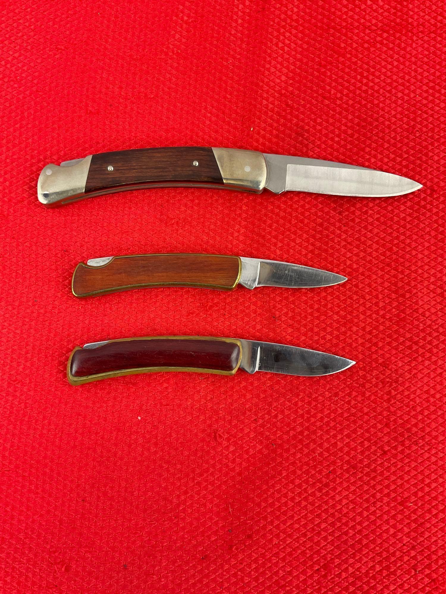 3 pcs Buck Steel Folding Blade Collectible Pocket Knives Models 527 The Treasury & 501 Squire. See