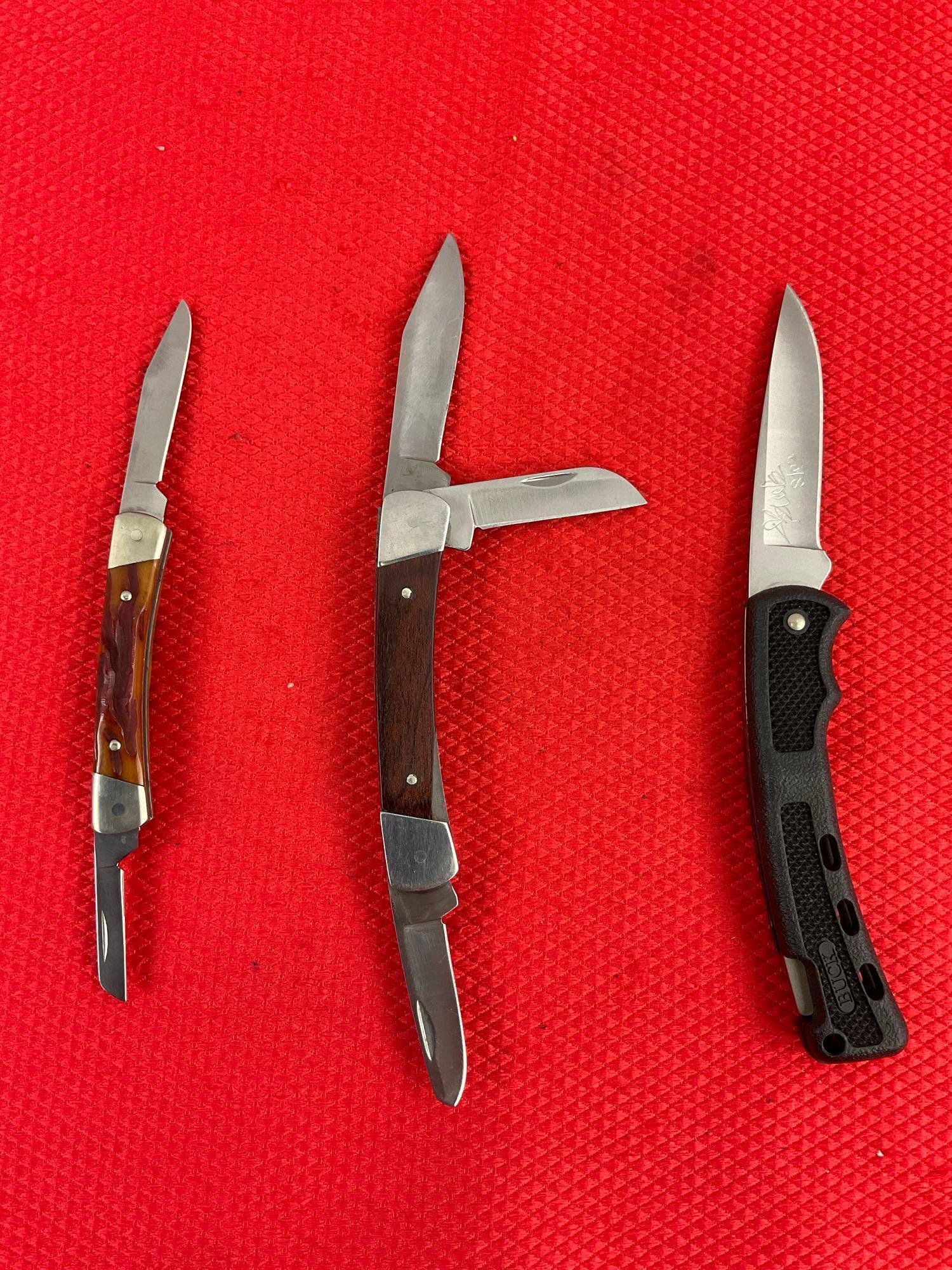 3 pcs Buck Steel Folding Blade Collectible Pocket Knives Models 703, 705 & B444. Signed. See pics.