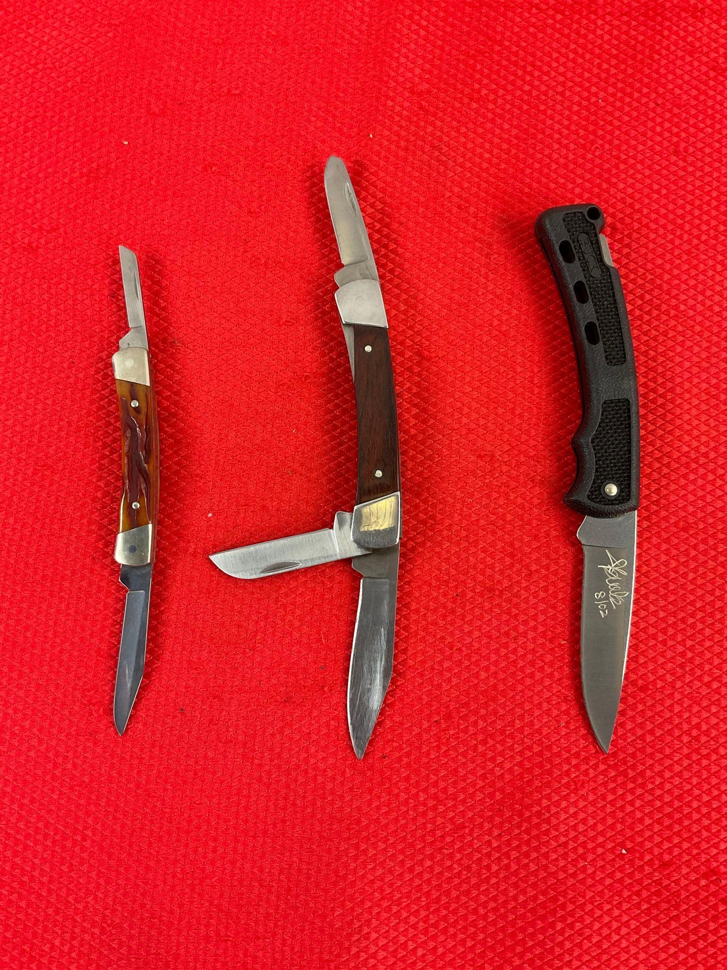 3 pcs Buck Steel Folding Blade Collectible Pocket Knives Models 703, 705 & B444. Signed. See pics.