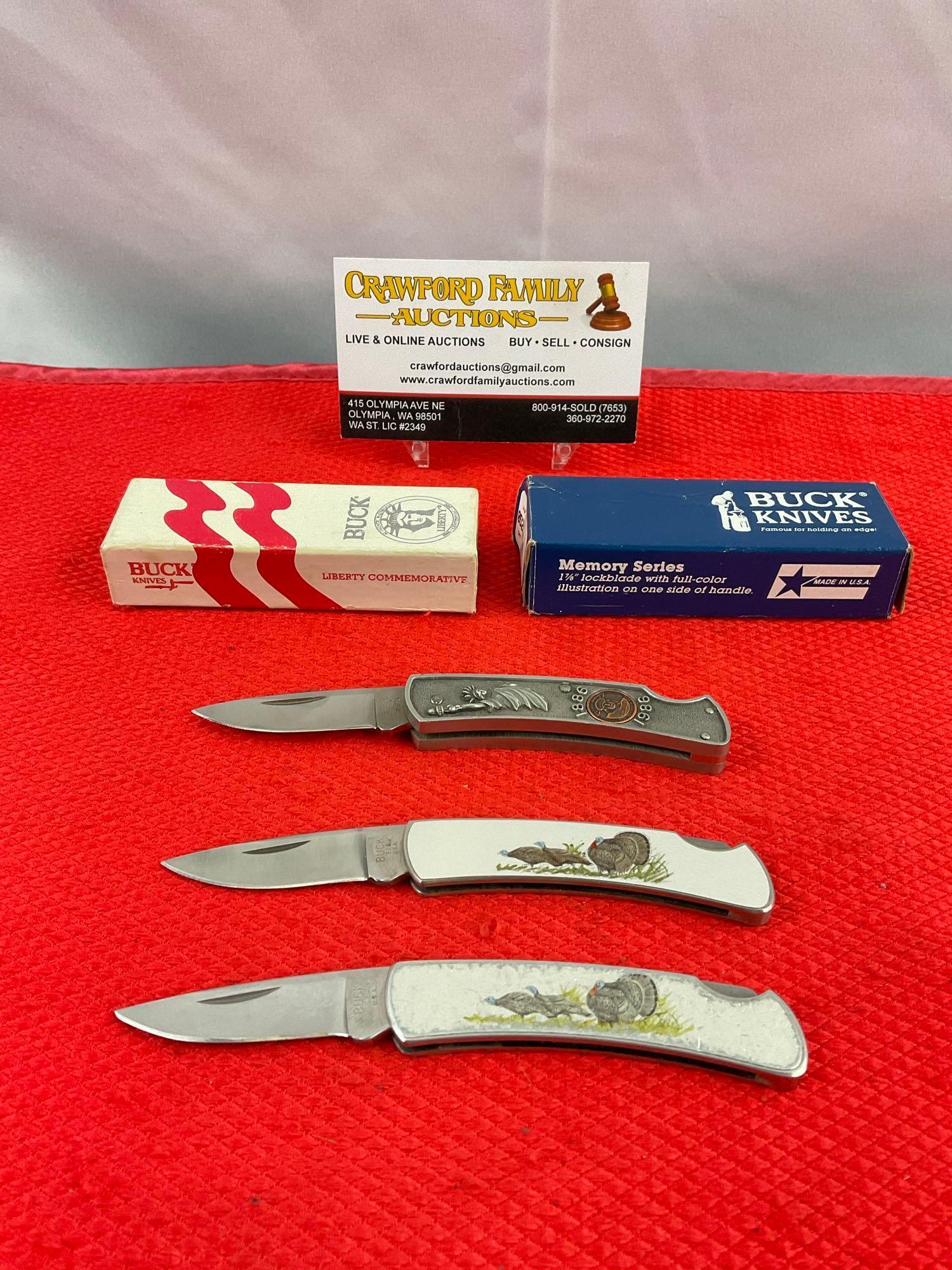 3 pcs Vintage Buck Folding Blade Pocket Knives Models 525 Wild Turkey & 825 100 Years. See pics.