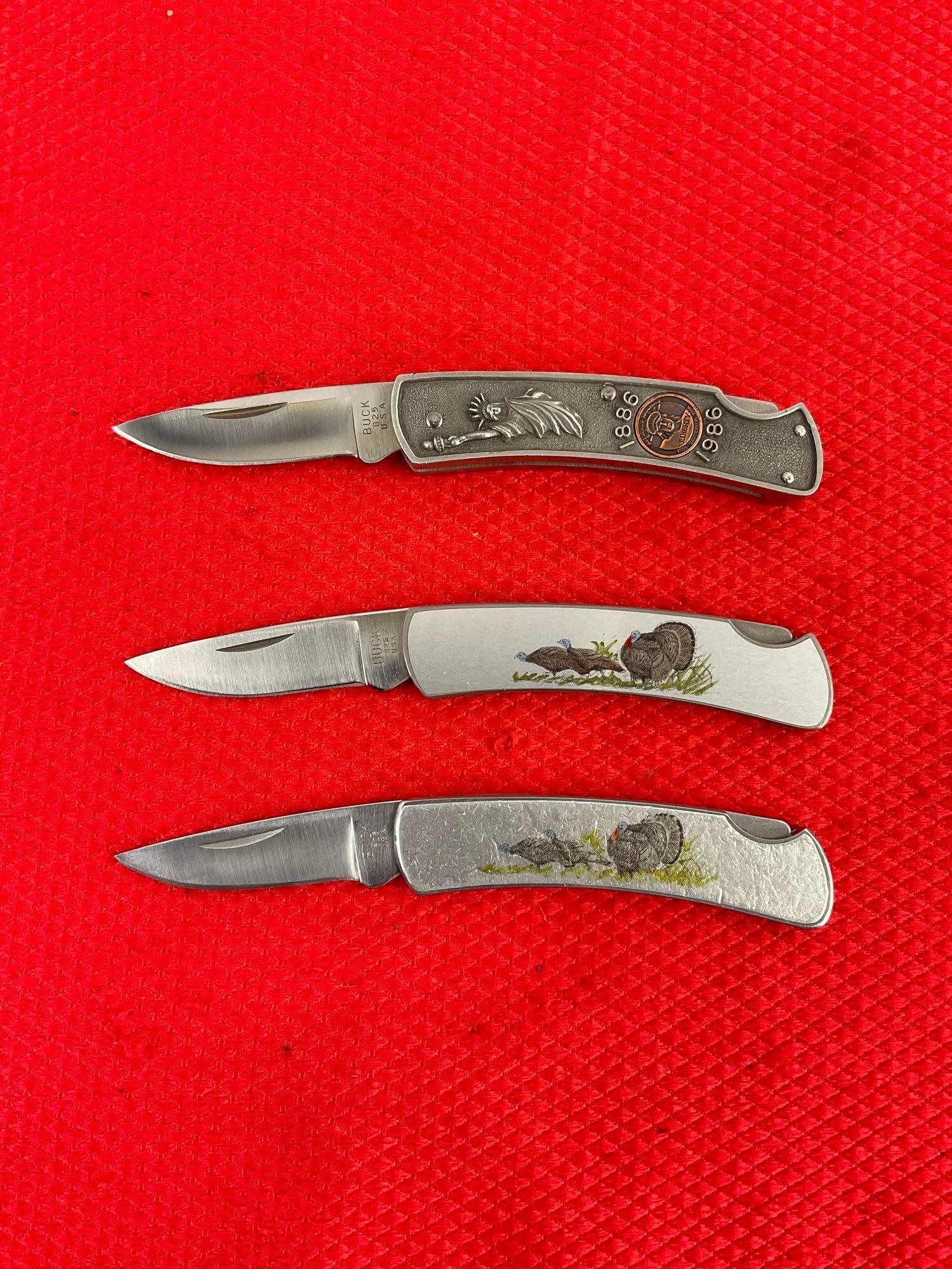 3 pcs Vintage Buck Folding Blade Pocket Knives Models 525 Wild Turkey & 825 100 Years. See pics.