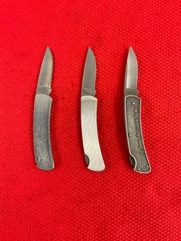 3 pcs Vintage Buck Folding Blade Pocket Knives Models 525 Wild Turkey & 825 100 Years. See pics.