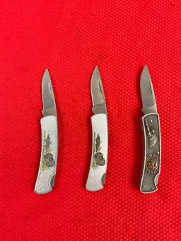 3 pcs Vintage Buck Folding Blade Pocket Knives Models 525 Wild Turkey & 825 100 Years. See pics.