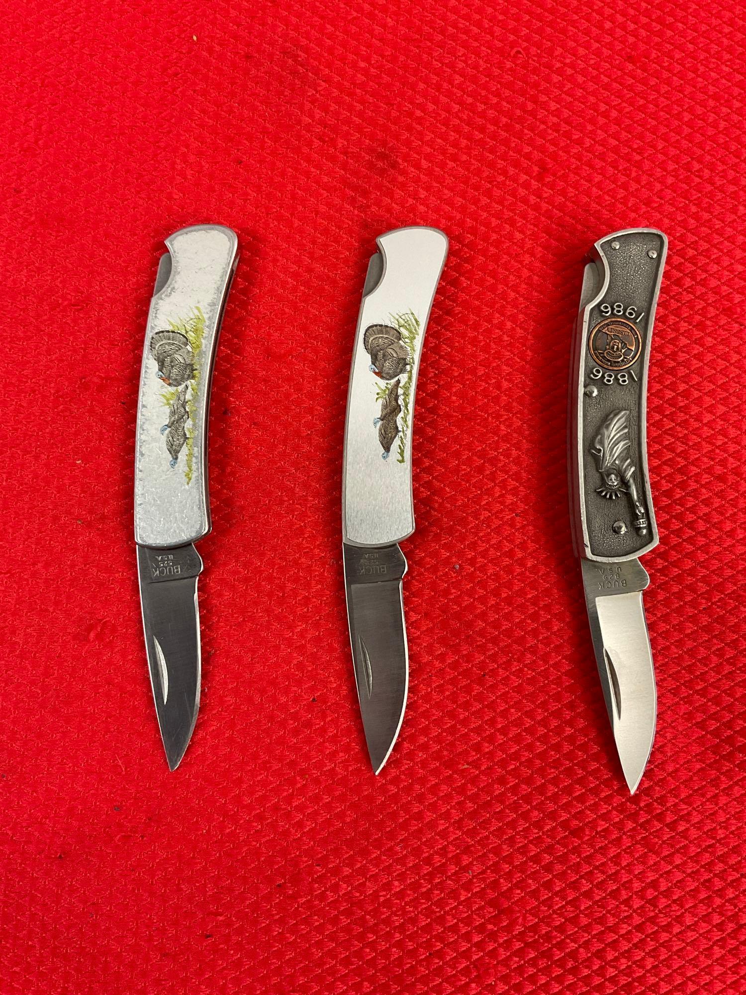 3 pcs Vintage Buck Folding Blade Pocket Knives Models 525 Wild Turkey & 825 100 Years. See pics.