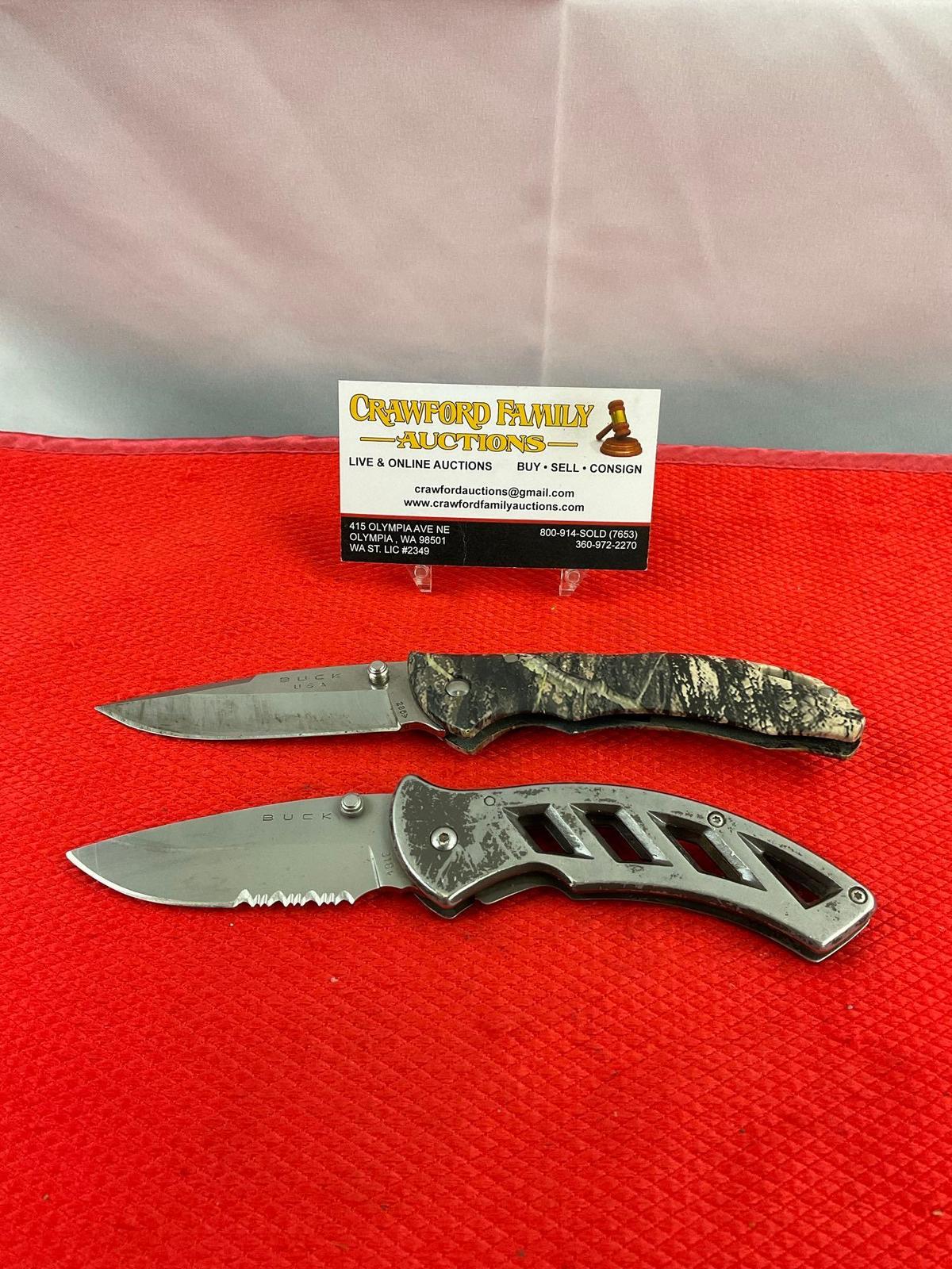 2 pcs Modern Buck Steel Folding Blade Pocket Knives Models 285 Bantam & 318 Parallex. See pics.