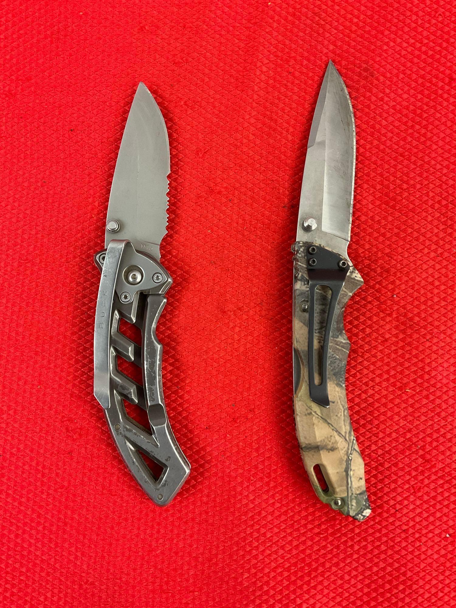 2 pcs Modern Buck Steel Folding Blade Pocket Knives Models 285 Bantam & 318 Parallex. See pics.