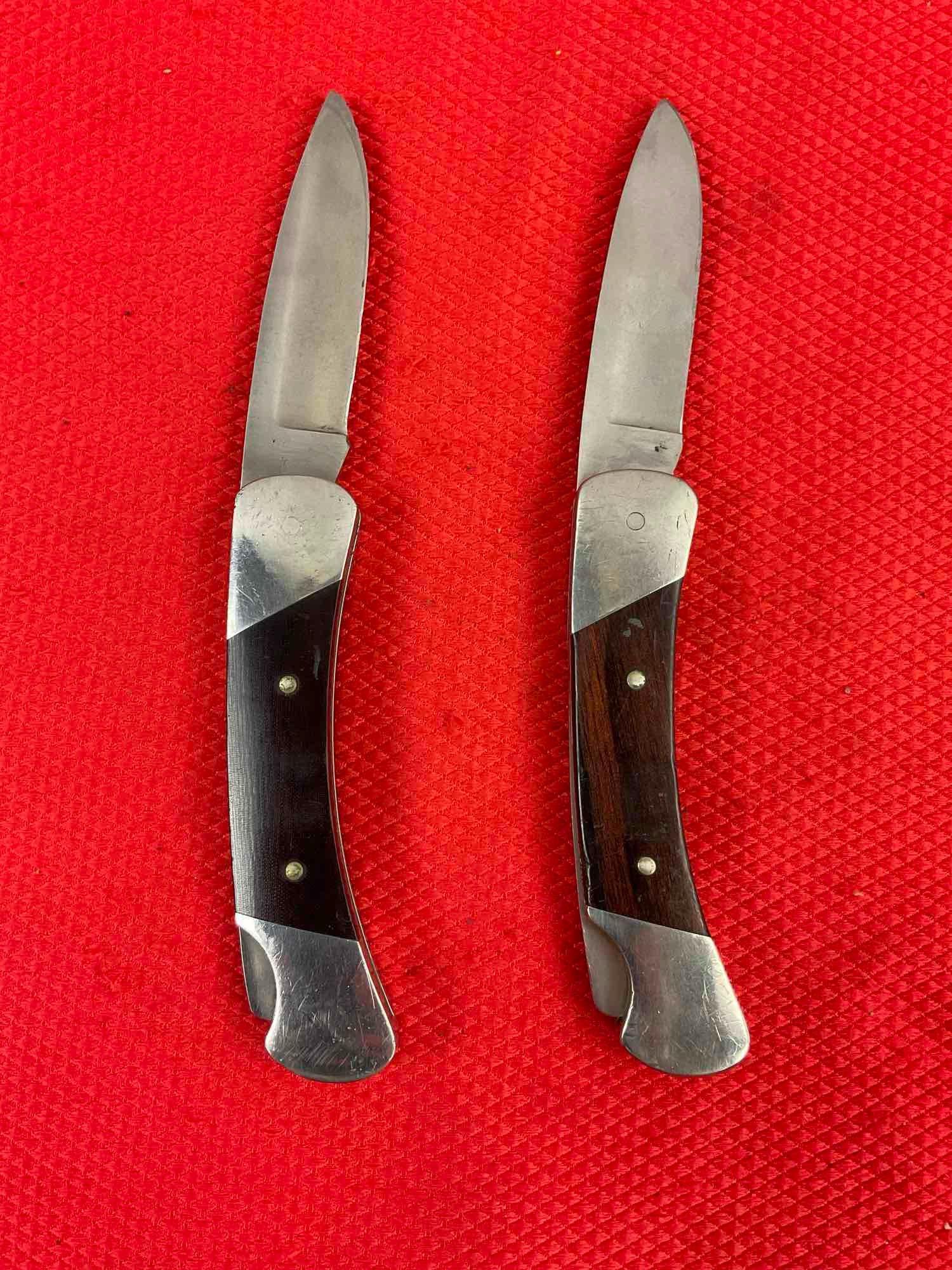 2 pcs Vintage Buck 2.5" Steel Folding Blade Pocket Knives Model 500 Duke w/ Original Sheathes. See