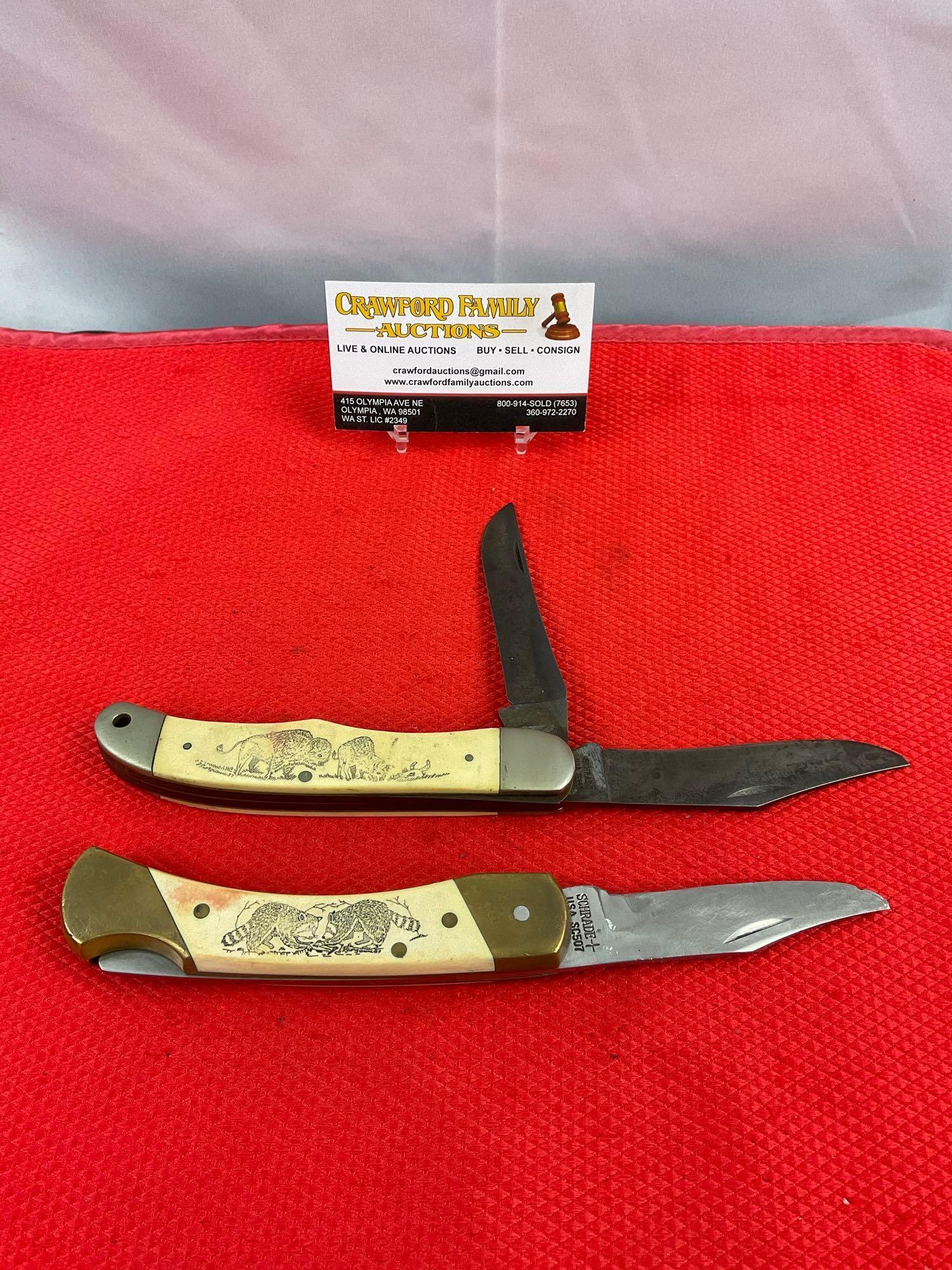 2 pcs Vintage Schrade Scrimshaw Folding Blade Pocket Knives Models SC507 & SC508. See pics.