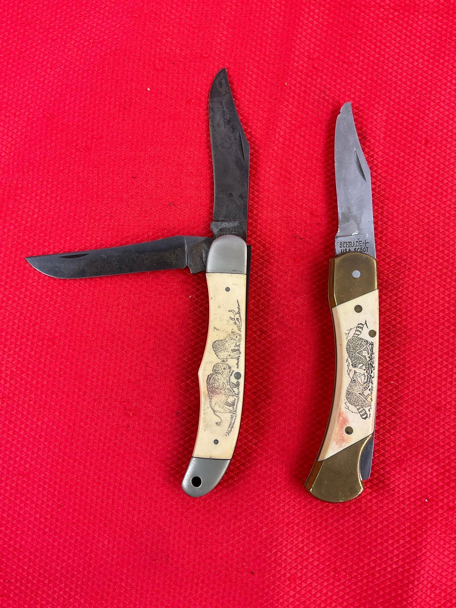 2 pcs Vintage Schrade Scrimshaw Folding Blade Pocket Knives Models SC507 & SC508. See pics.