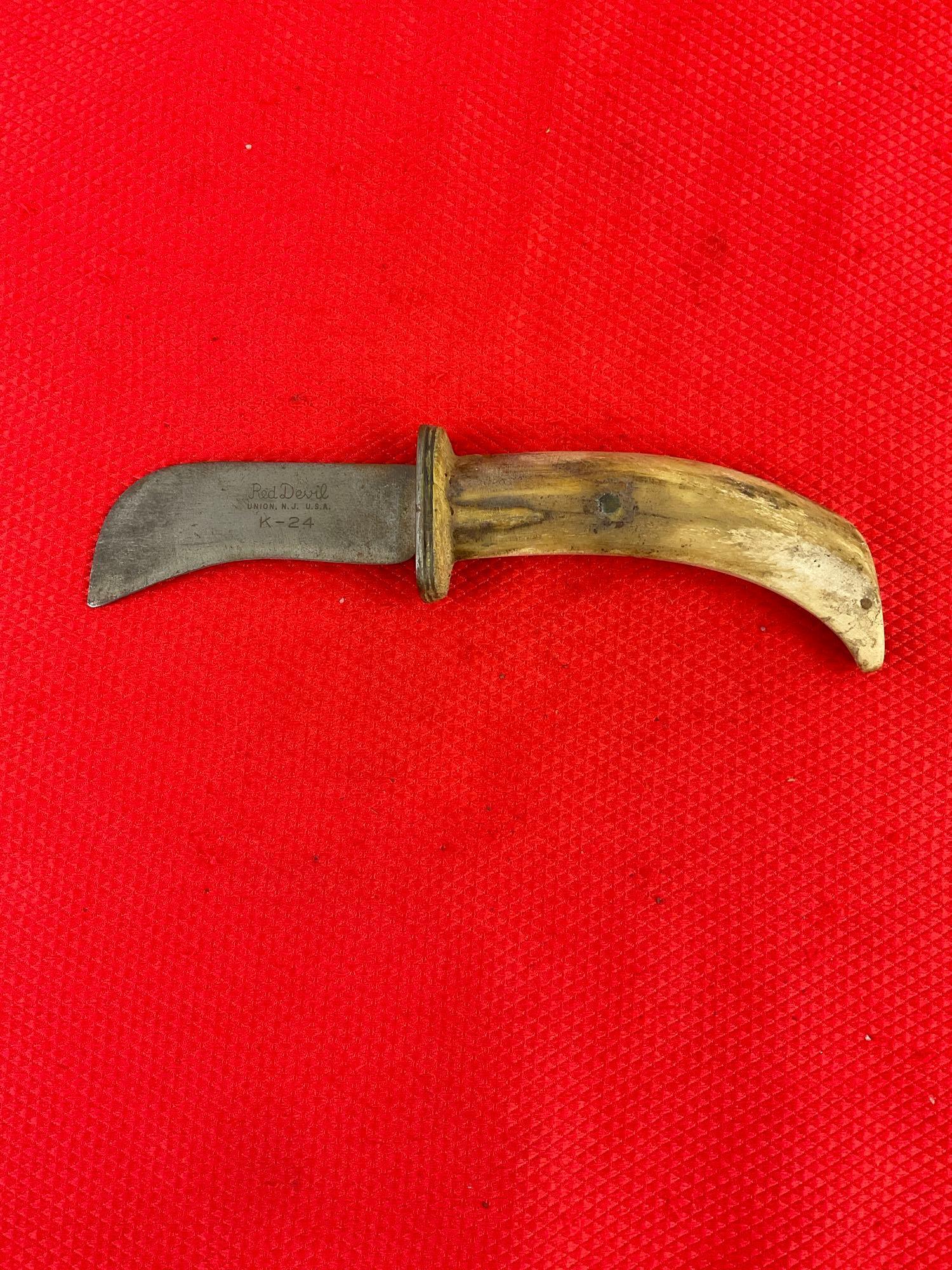 Vintage Red Devil 3" Steel Fixed Blade Skinner Hunting Knife Model K-24 w/ Bone Handle. See pics.