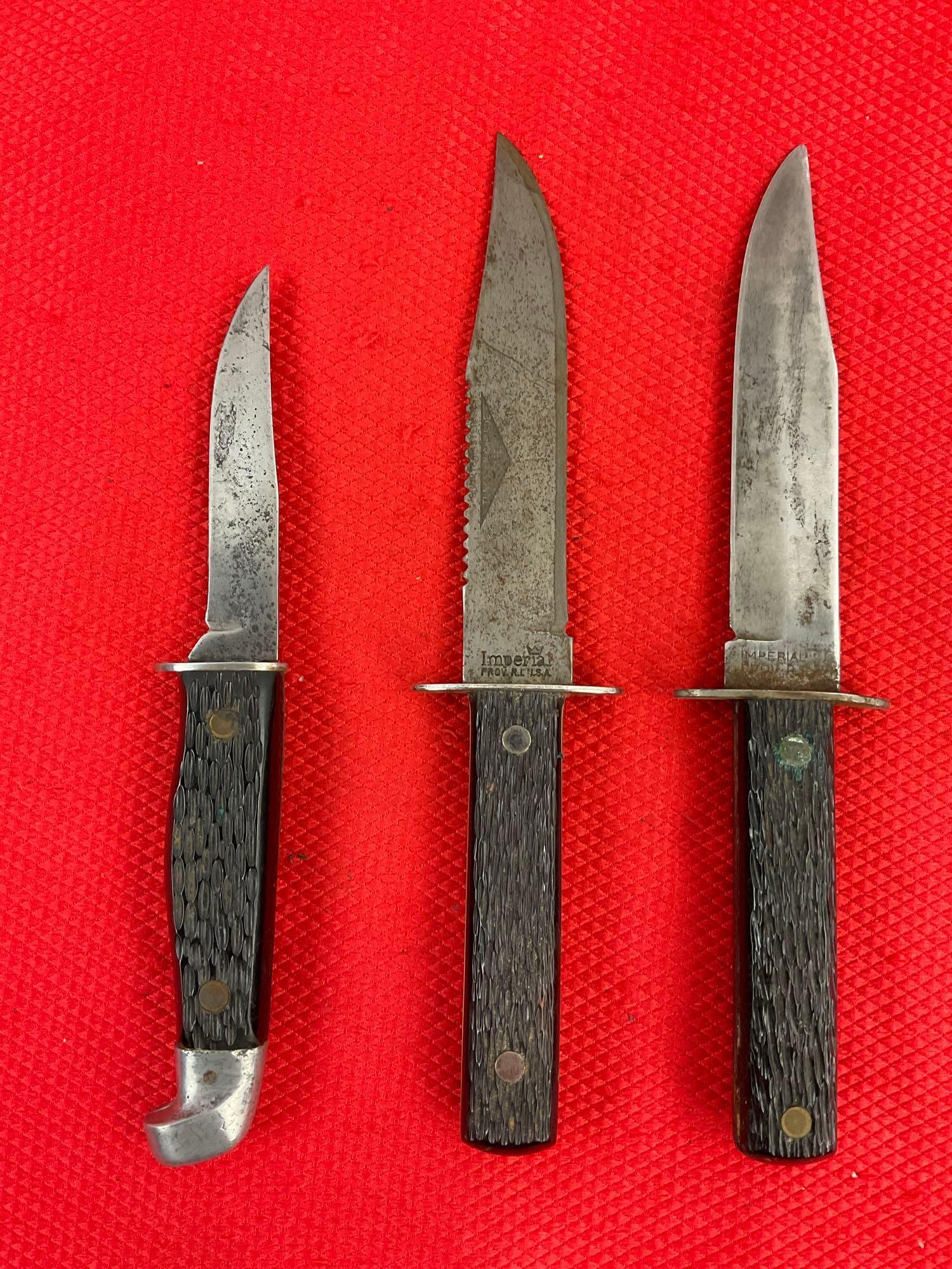 3 pcs Vintage Fixed Blade Hunting Knife Assortment. 2x Imperial, 1 Unknown Maker. See pics.