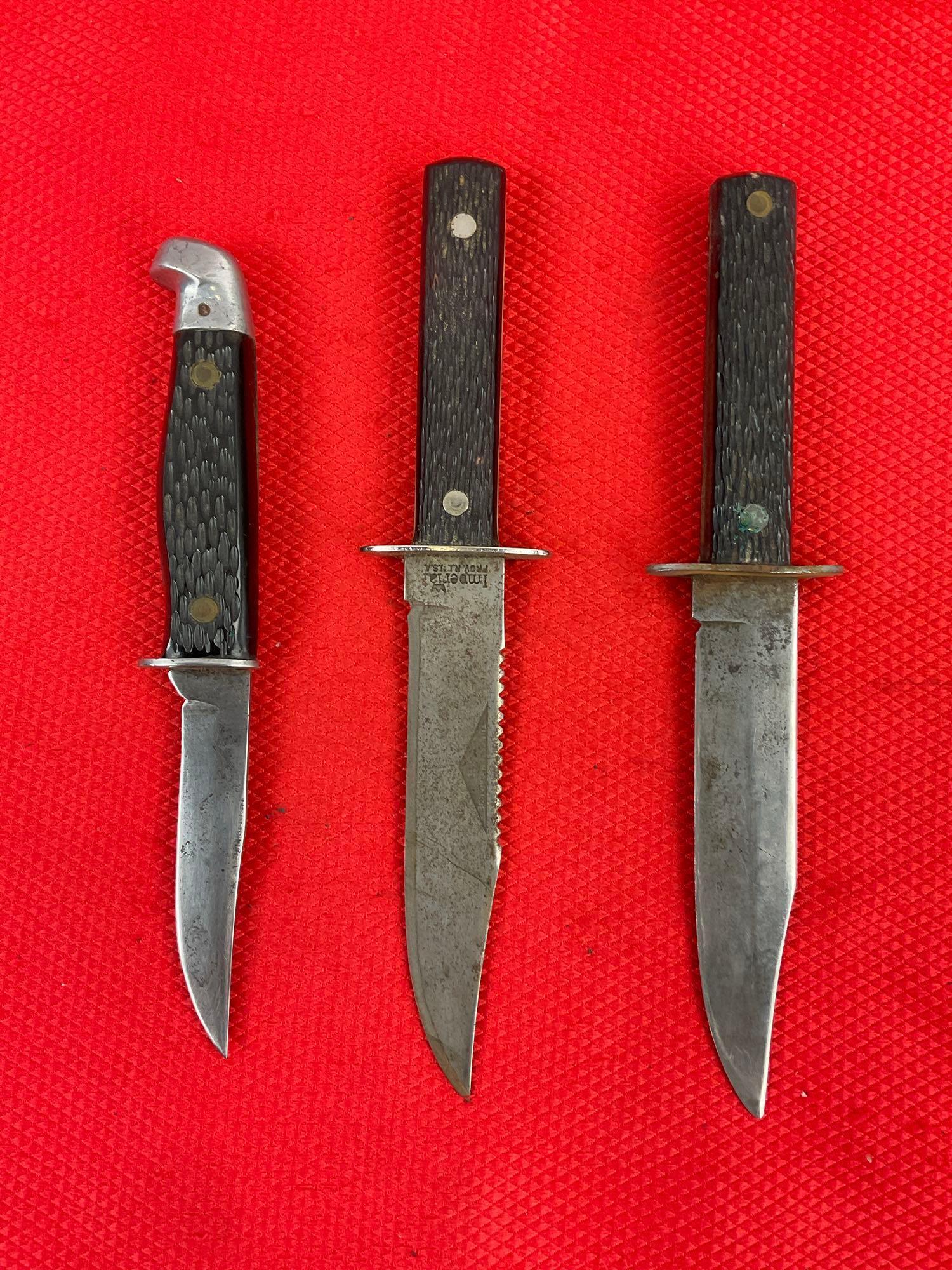 3 pcs Vintage Fixed Blade Hunting Knife Assortment. 2x Imperial, 1 Unknown Maker. See pics.