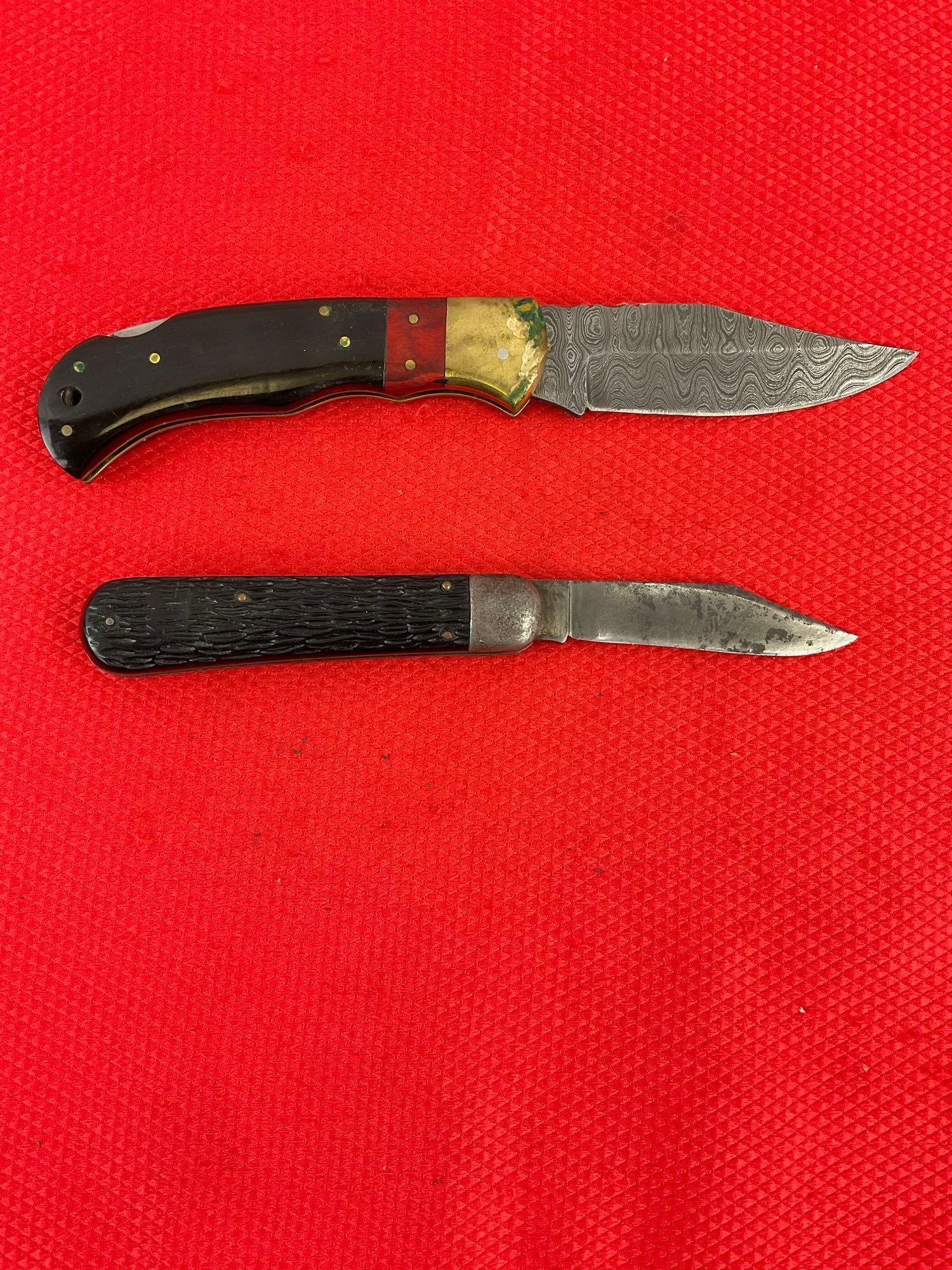 2 pcs Steel Folding Blade Pocket Knife Assortment. 1x Schrade Walden, 1x Unknown Maker. See pics.