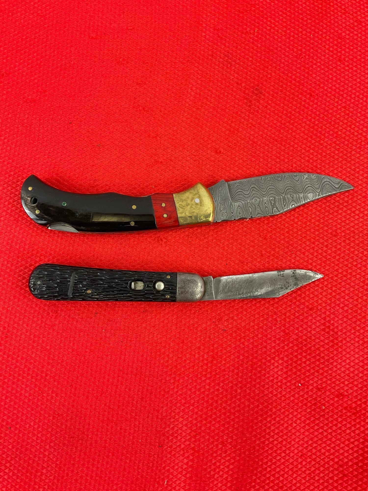 2 pcs Steel Folding Blade Pocket Knife Assortment. 1x Schrade Walden, 1x Unknown Maker. See pics.