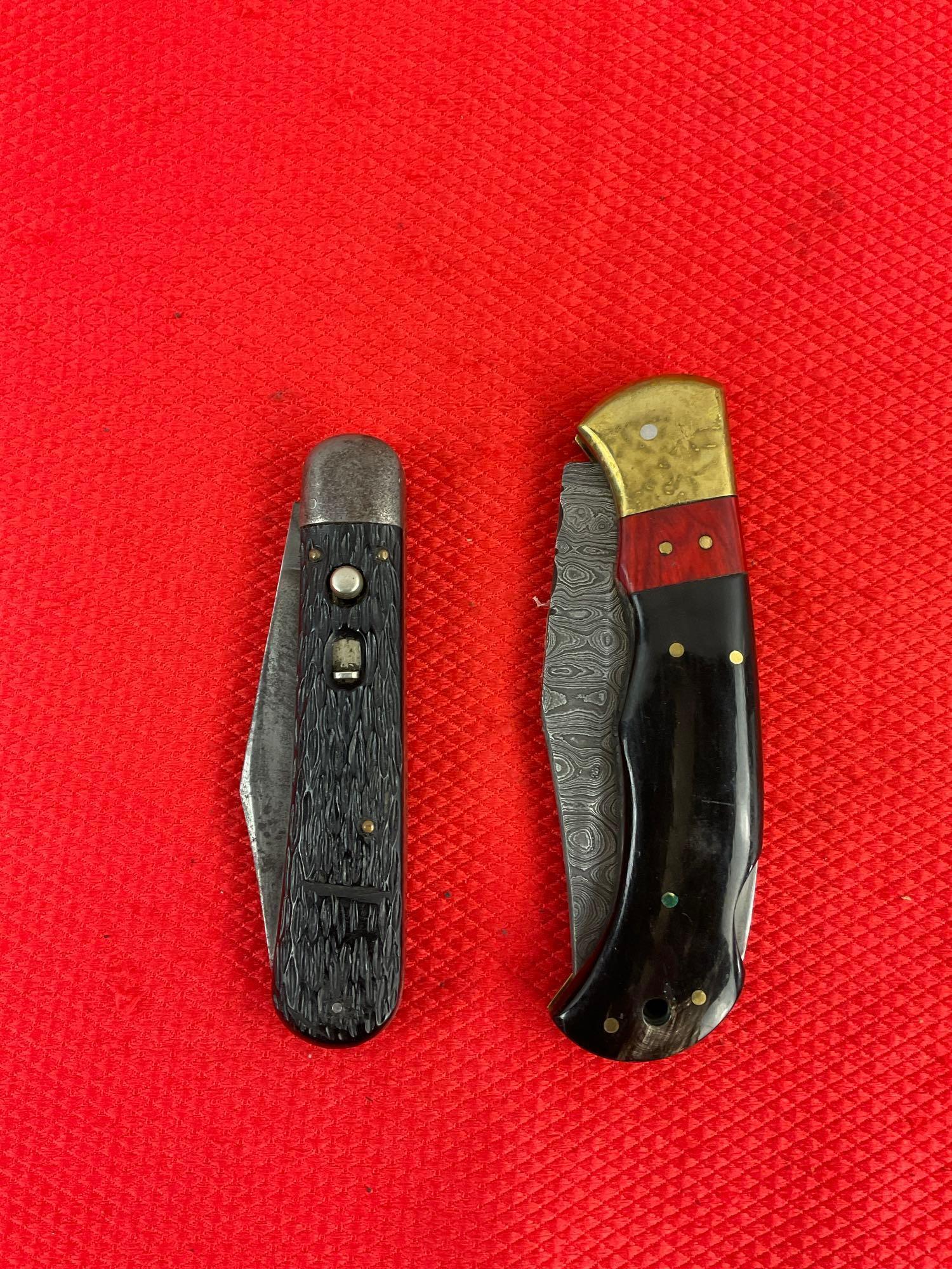 2 pcs Steel Folding Blade Pocket Knife Assortment. 1x Schrade Walden, 1x Unknown Maker. See pics.