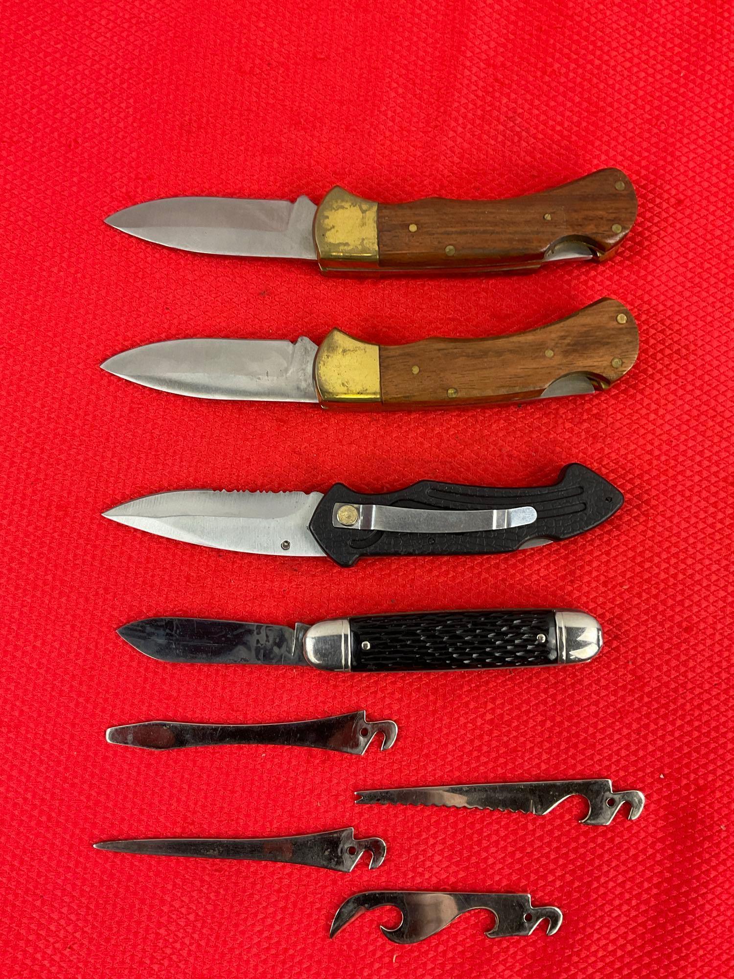 4 pcs Steel Folding Blade Pocket Knives w/ Sheathes. 1 Vintage Colonial w/ 4 Alternate Blades. See