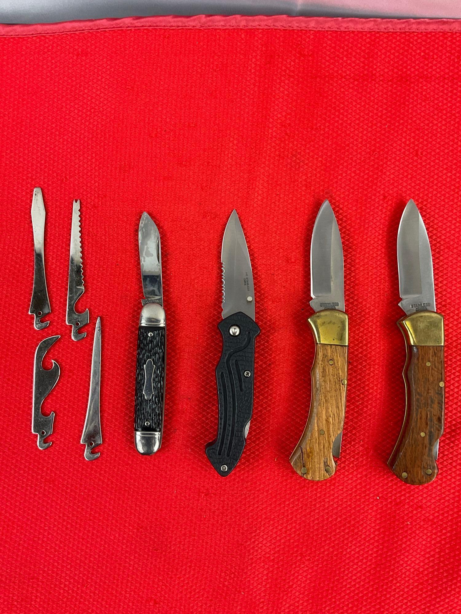 4 pcs Steel Folding Blade Pocket Knives w/ Sheathes. 1 Vintage Colonial w/ 4 Alternate Blades. See