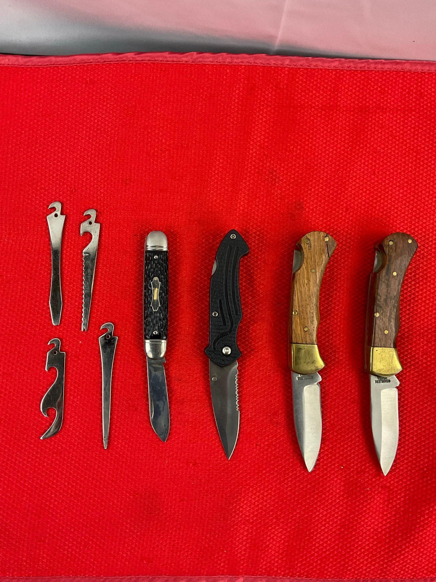 4 pcs Steel Folding Blade Pocket Knives w/ Sheathes. 1 Vintage Colonial w/ 4 Alternate Blades. See