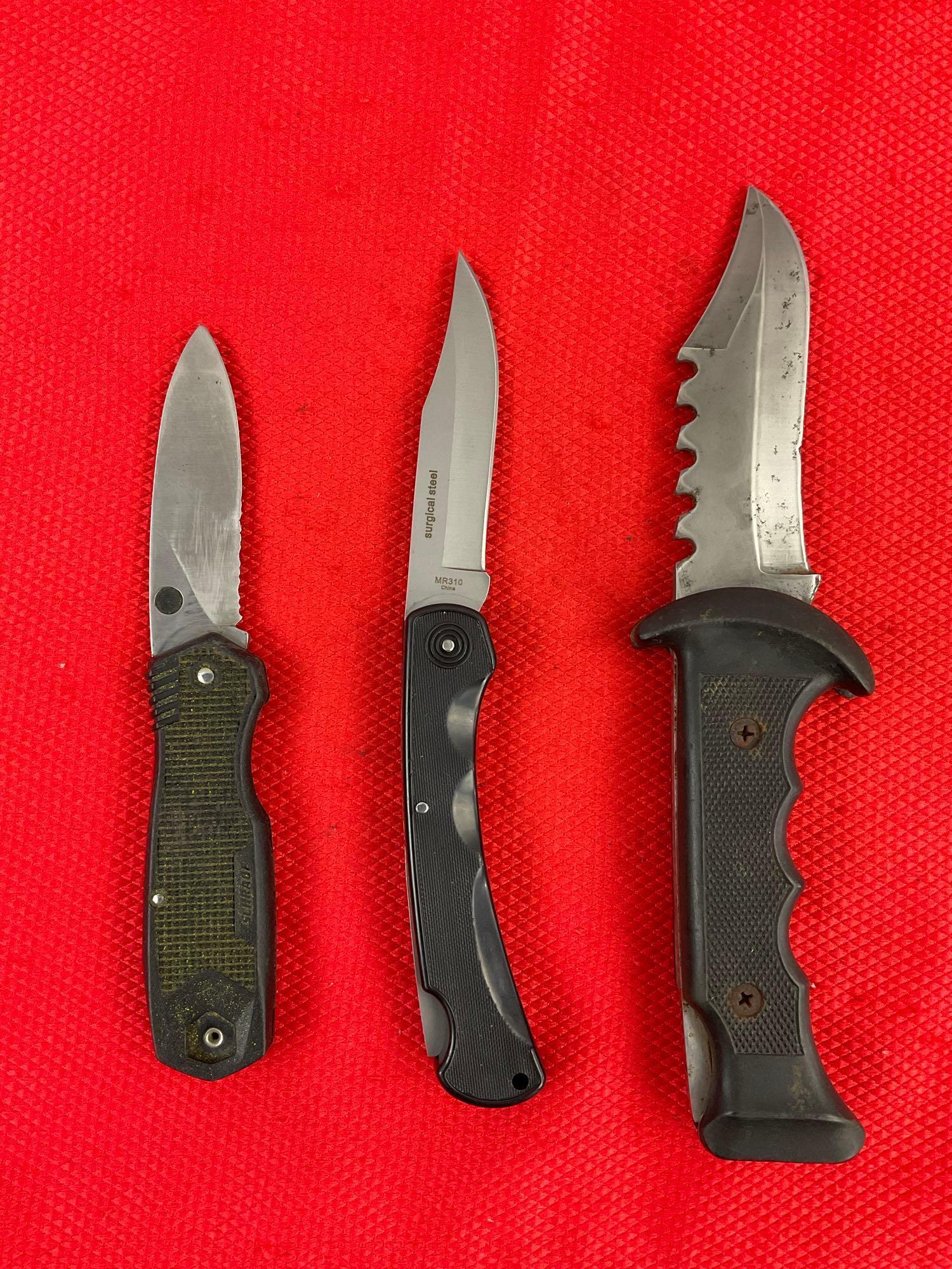 3 pcs Steel Folding Blade Pocket Hunting Knives. 1x Schrade+ CH7, 1x Marble's MR310. See pics.