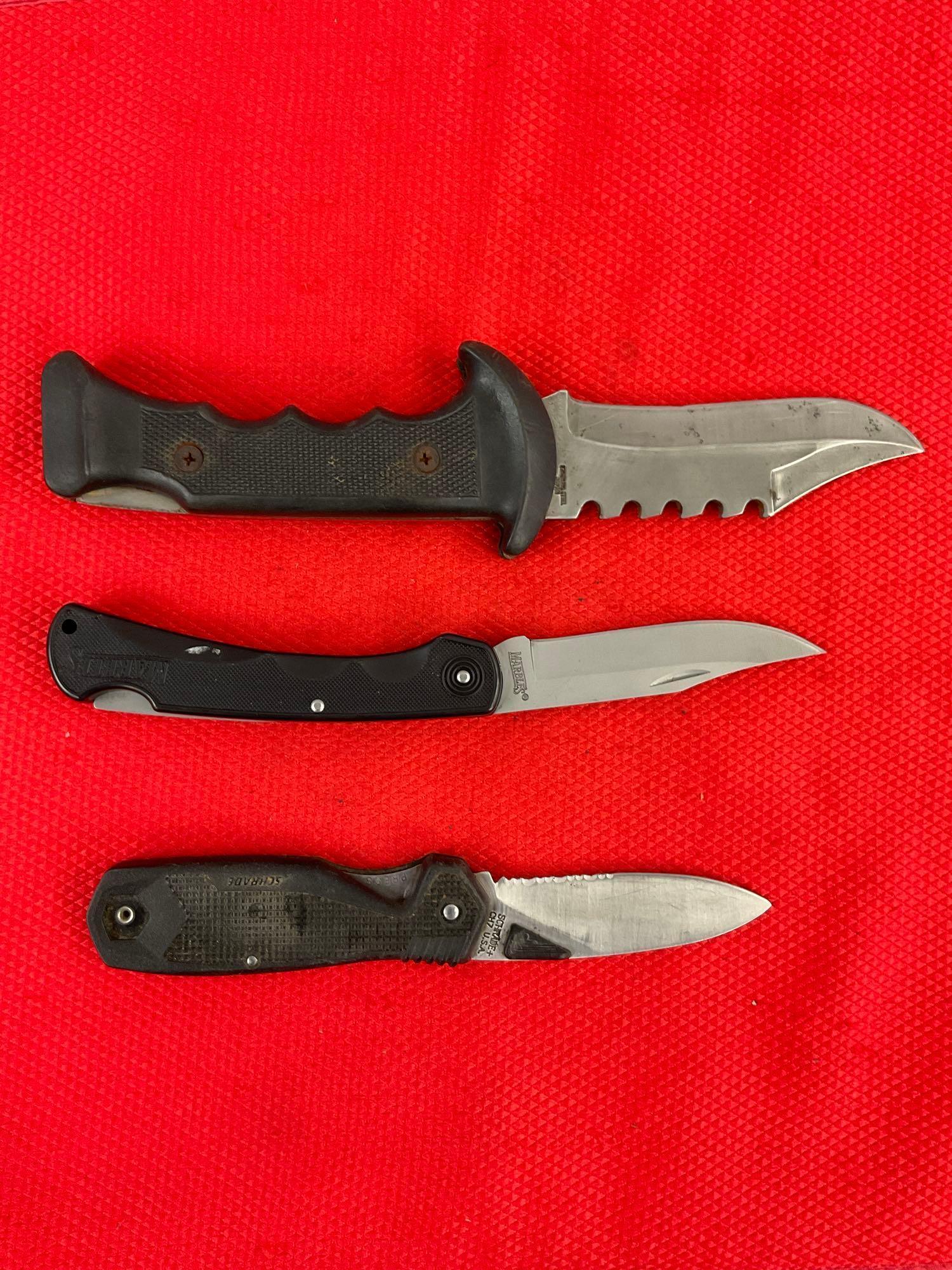 3 pcs Steel Folding Blade Pocket Hunting Knives. 1x Schrade+ CH7, 1x Marble's MR310. See pics.