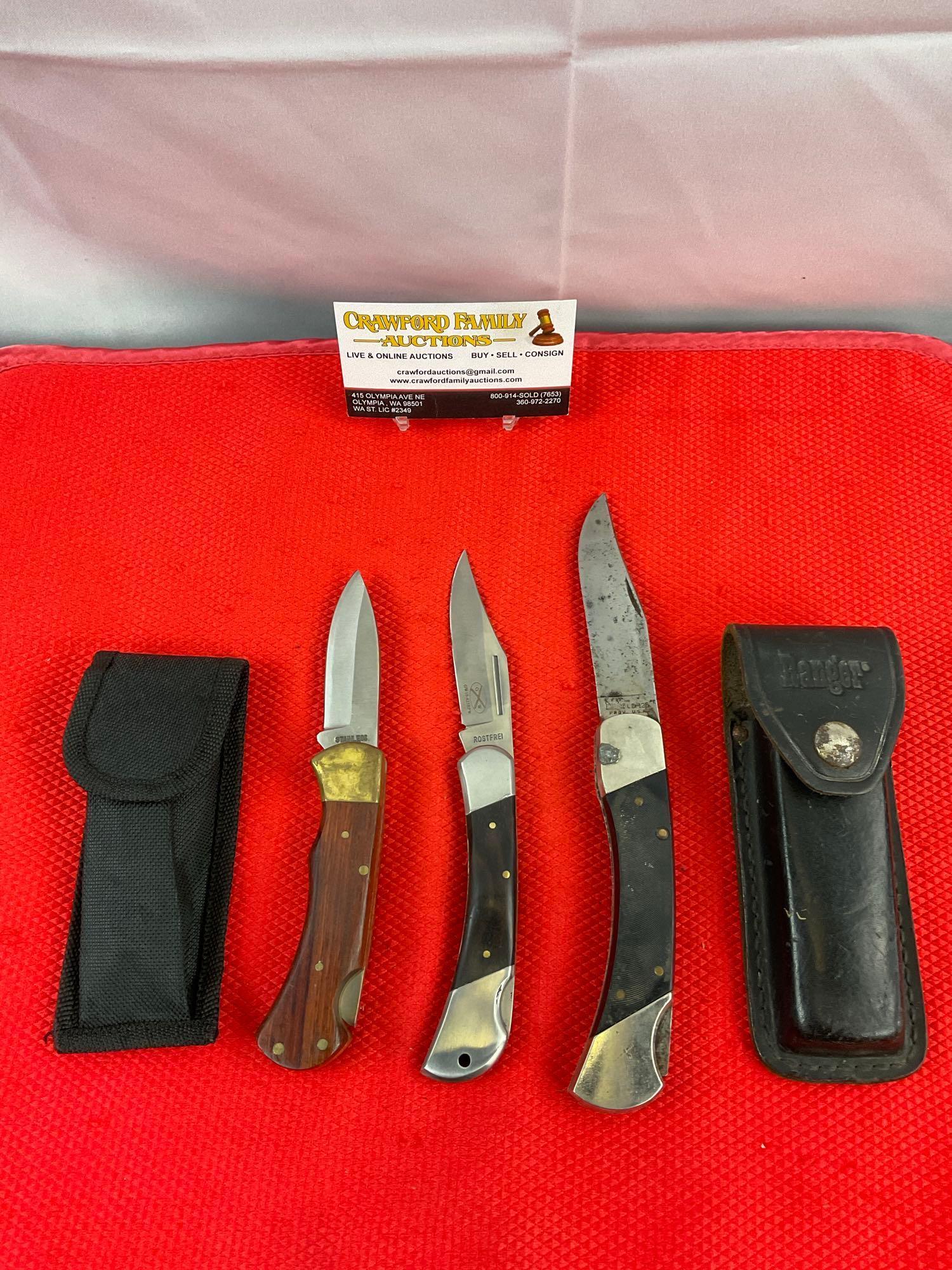 3 pcs Steel Folding Blade Pocket Knives. Vintage Ranger Prov. LB-125 w/ Original Sheath. See pics.