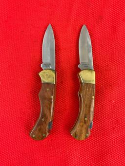 2x Unknown Maker 2.5" Stainless Steel Folding Blade Pocket Knives w/ Sheathes. No Hallmarks. See