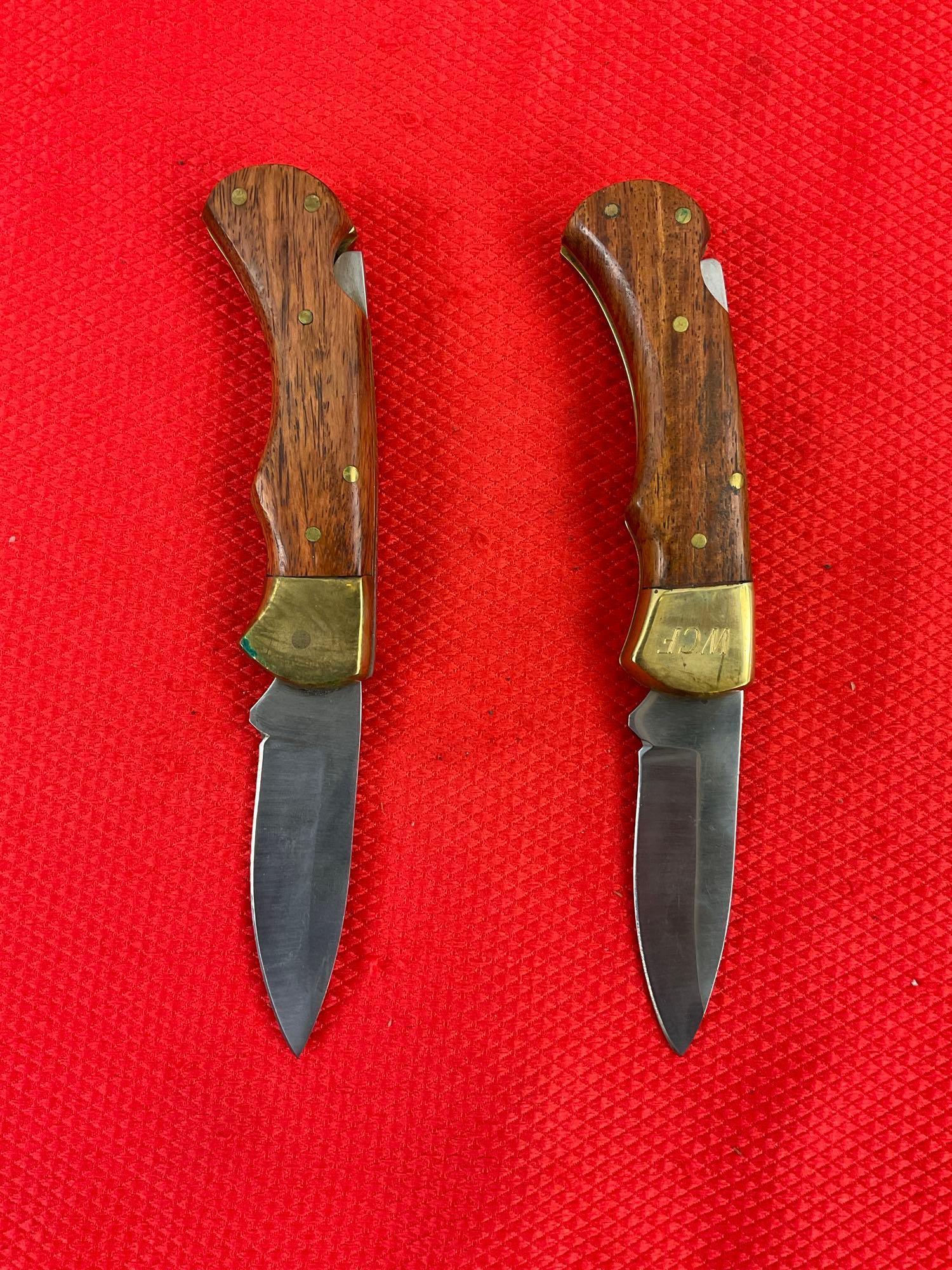 2x Unknown Maker 2.5" Stainless Steel Folding Blade Pocket Knives w/ Sheathes. No Hallmarks. See