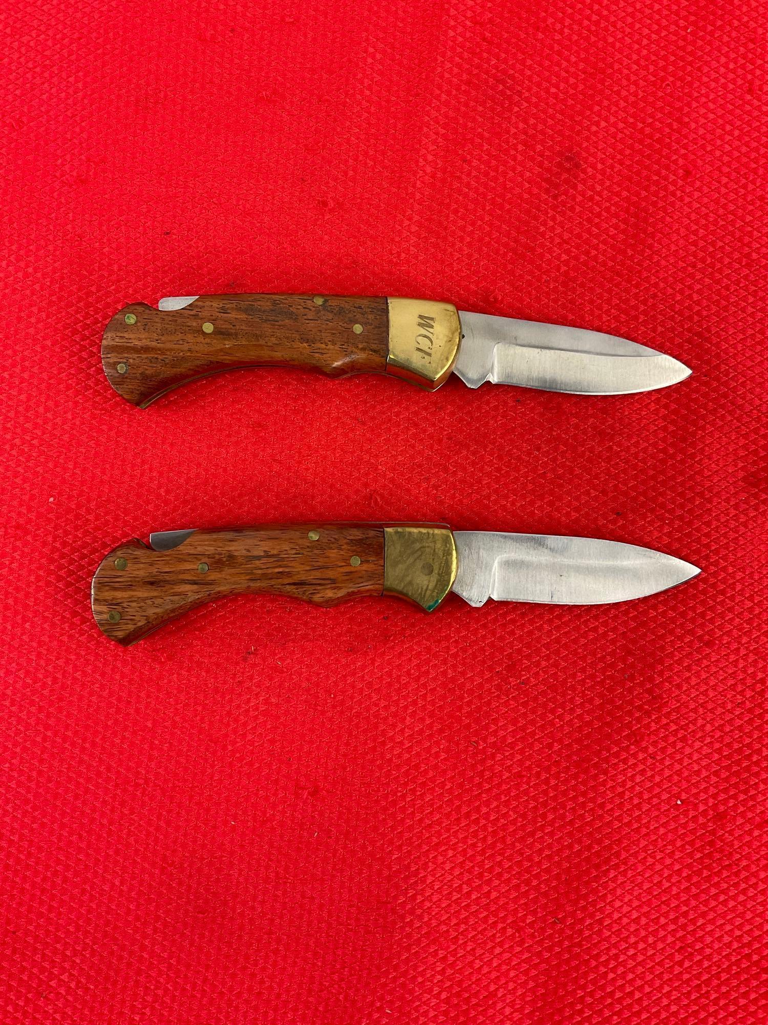2x Unknown Maker 2.5" Stainless Steel Folding Blade Pocket Knives w/ Sheathes. No Hallmarks. See