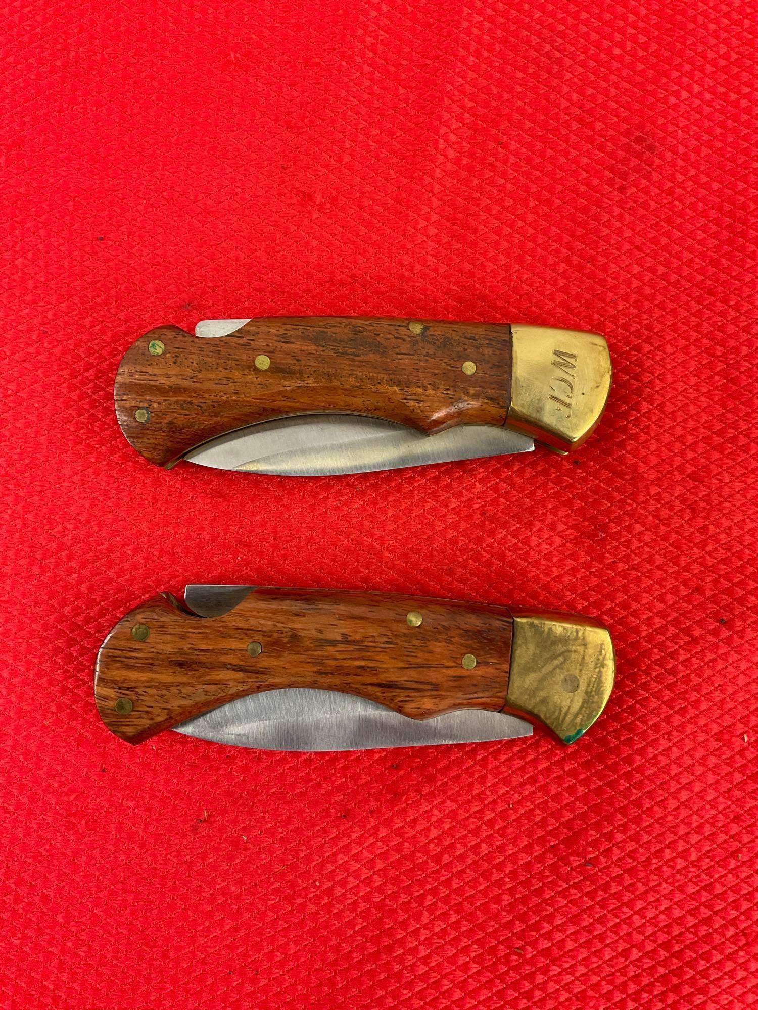 2x Unknown Maker 2.5" Stainless Steel Folding Blade Pocket Knives w/ Sheathes. No Hallmarks. See