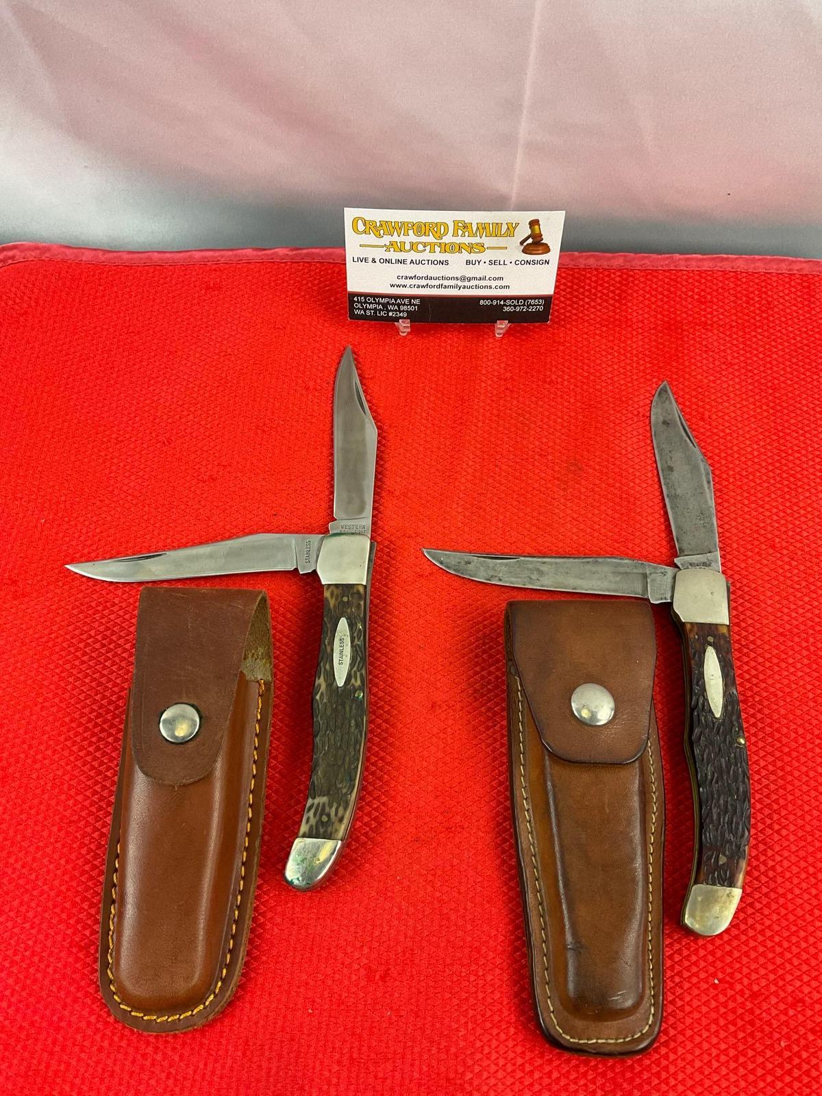 2 pcs Vintage Western 3.5" Steel Folding 2-Blade Pocket Knives Model S-062 w/ Sheathes. See pics.