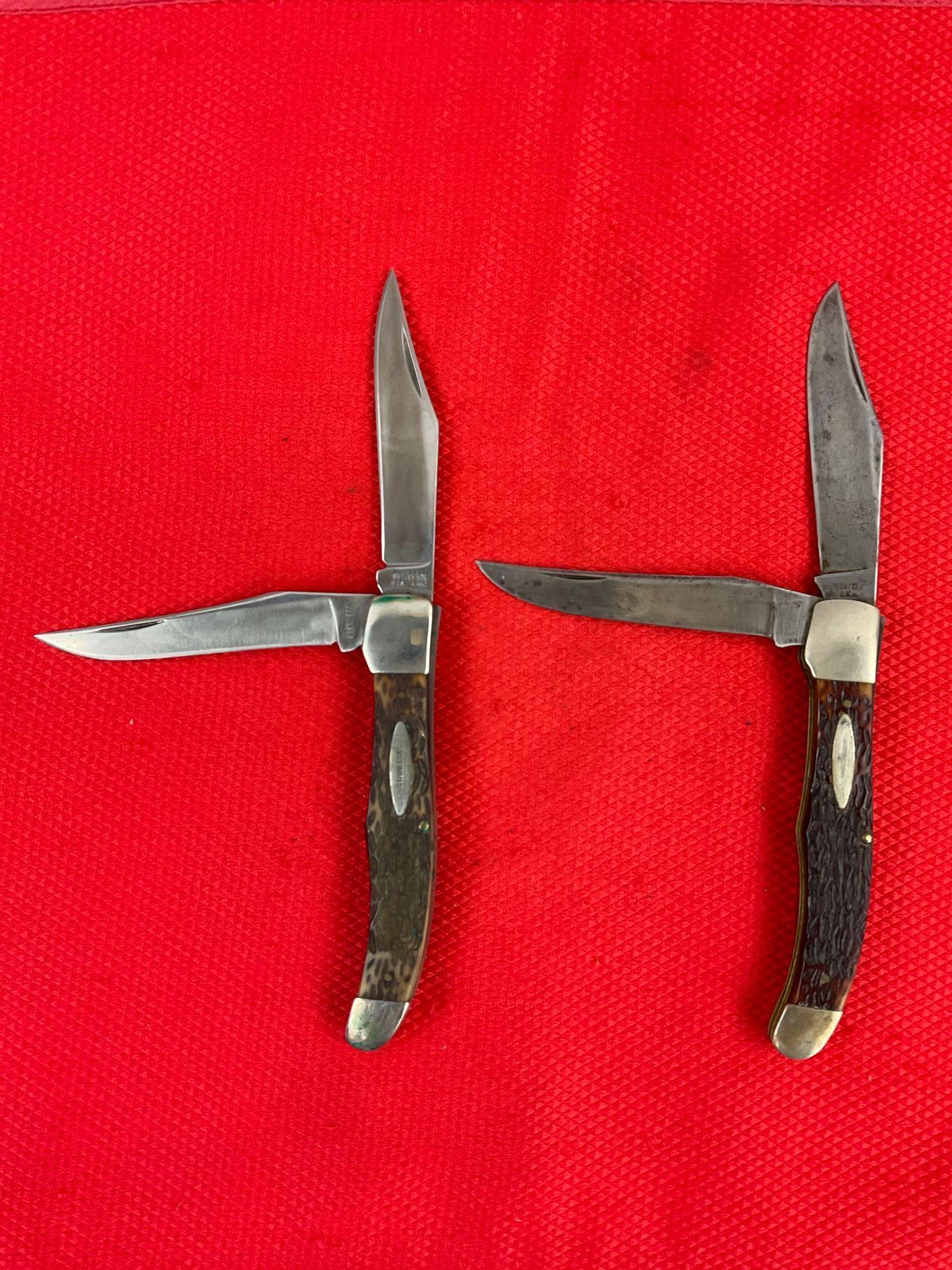 2 pcs Vintage Western 3.5" Steel Folding 2-Blade Pocket Knives Model S-062 w/ Sheathes. See pics.