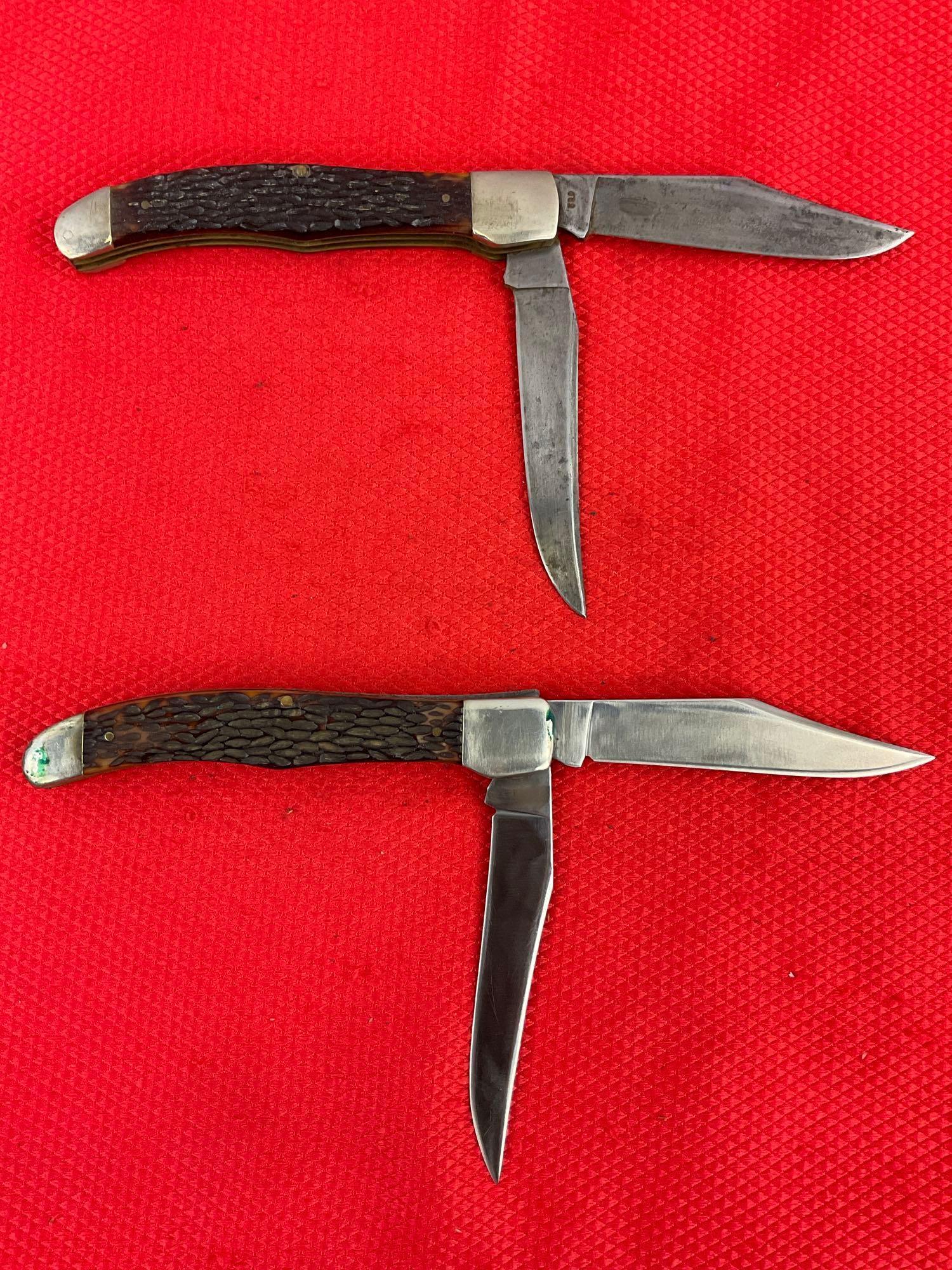 2 pcs Vintage Western 3.5" Steel Folding 2-Blade Pocket Knives Model S-062 w/ Sheathes. See pics.