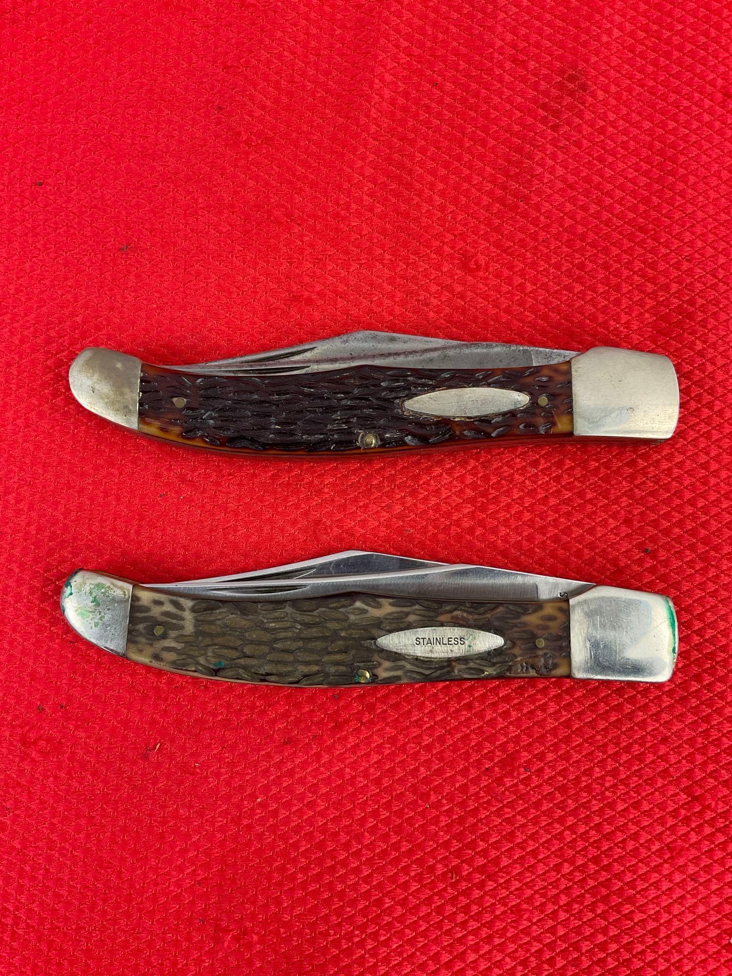 2 pcs Vintage Western 3.5" Steel Folding 2-Blade Pocket Knives Model S-062 w/ Sheathes. See pics.