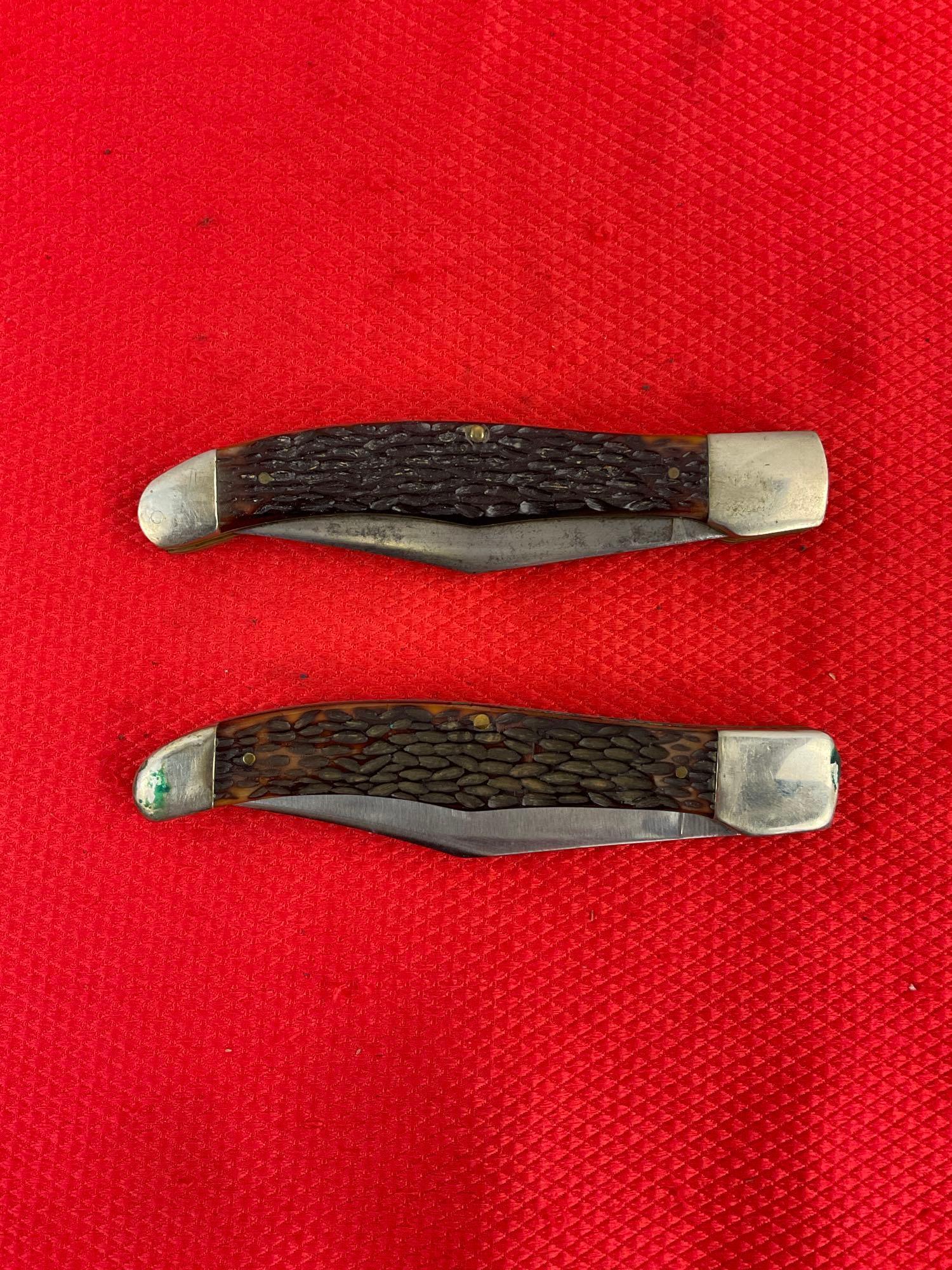 2 pcs Vintage Western 3.5" Steel Folding 2-Blade Pocket Knives Model S-062 w/ Sheathes. See pics.