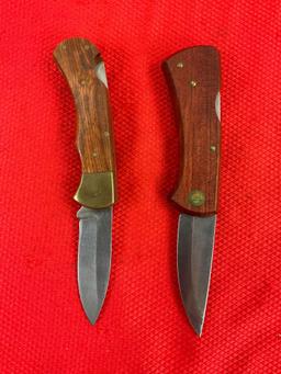 2 pcs Steel Folding Blade Pocket Knives w/ Wood Handles & Sheathes. Vintage Estwing EKA. See pics.