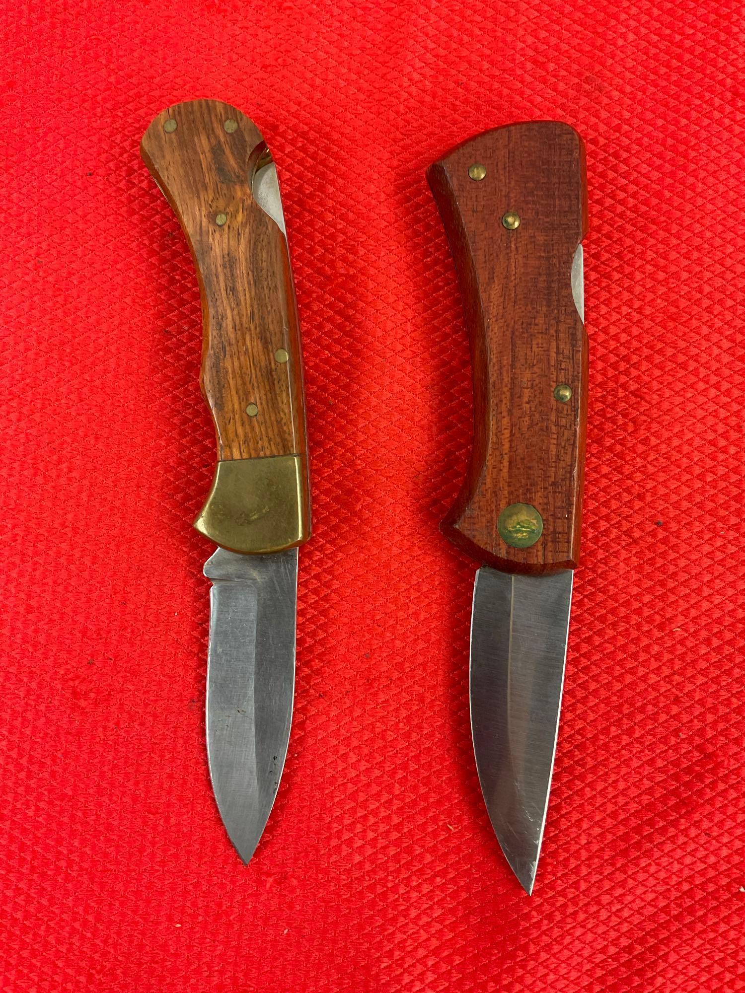 2 pcs Steel Folding Blade Pocket Knives w/ Wood Handles & Sheathes. Vintage Estwing EKA. See pics.